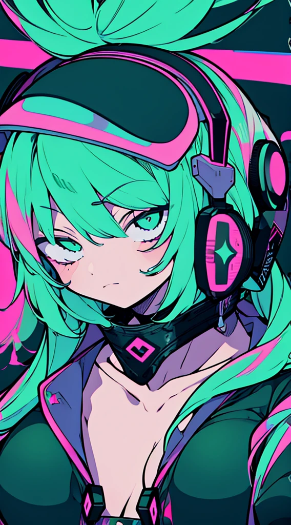 Best quality, (masterpiece:1.2), best detail face,1 girl, big breasts, 18 yo, 8k,absurdres,unity 8k wall paper,(extremely detailed:1.3), highest realistic, (retro headphones:1.1), (soft neon light:1.1), (floating hair:1.2), (psychedelic:1.2), Her room full of music equipment, Light clothing in summer, See the whole room, She is leaving the room, dark green color palette