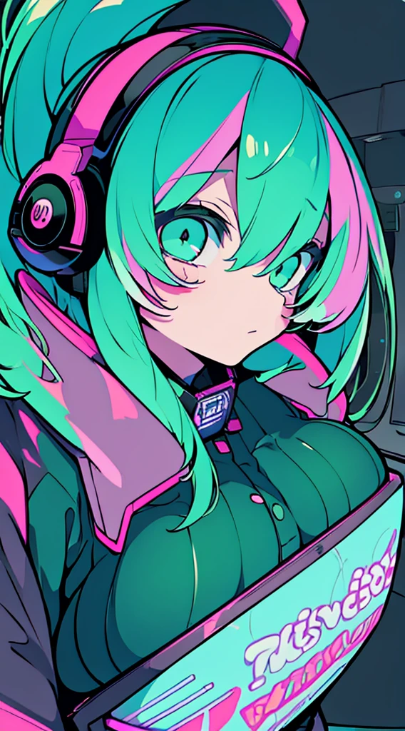 Best quality, (masterpiece:1.2), best detail face,1 girl, big breasts, 18 yo, 8k,absurdres,unity 8k wall paper,(extremely detailed:1.3), highest realistic, (retro headphones:1.1), (soft neon light:1.1), (floating hair:1.2), (psychedelic:1.2), Her room full of music equipment, Light clothing in summer, See the whole room, She is leaving the room, dark green color palette