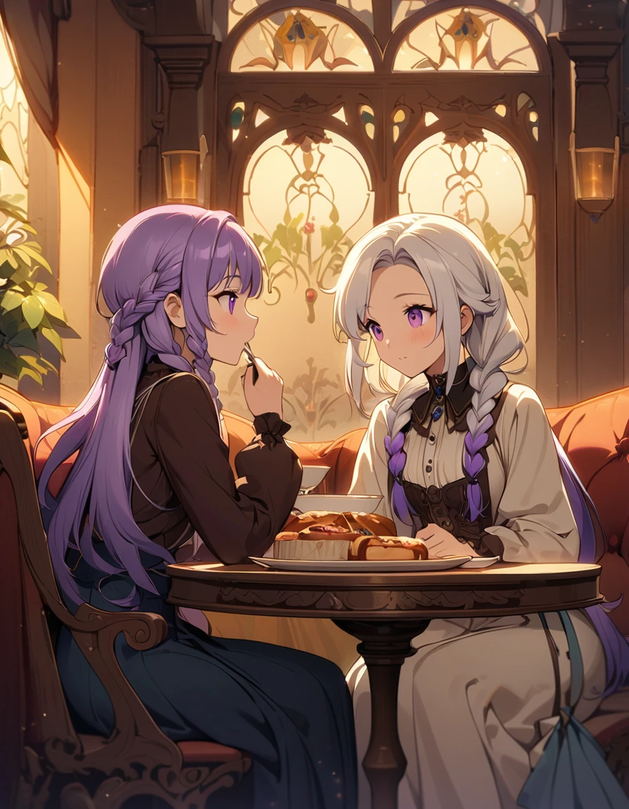 a charming art nouveau style cafe in america, beautifully decorated interior, 2 girls eating lunch, yinji, (purple hair, purple eyes, long hair, white hair, double braids, gradient hair,warm lighting, elegant furniture,  best quality, intricate details, dramatic lighting, warm color tones, atmospheric, cinematic