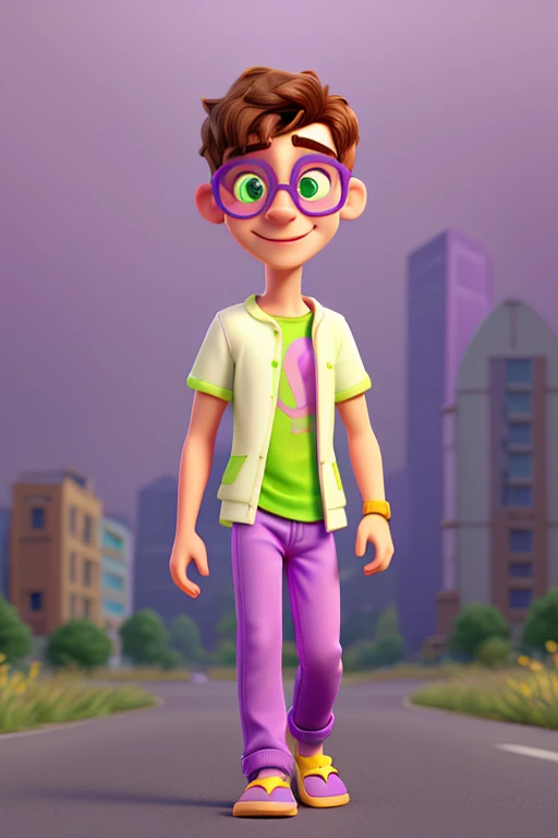 high resolution、high quality、Light purple with pink mesh、One Man、、Fine skin、Yellow-green eyes、Glasses、smile、solo、Busy roads、T-shirt on white background、(Denim Half Pants:1.5)、Rubber Sandals、Walking towards me