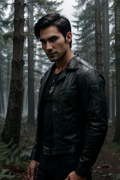 Tyler Hoechlin, Derek Hale, Teen Wolf, 20 years old, short messy black hair, green eyes, open black leather jacket, red shirt with wolf claw print, dark black jeans, black combat boots, wolf pendant, print of White Wolf. Forest background with fog aura around black color.