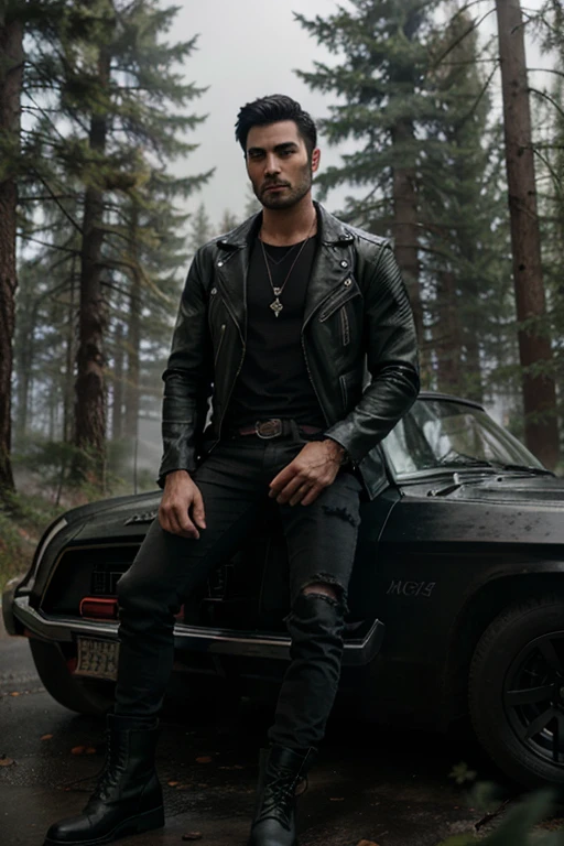 Tyler Hoechlin, Derek Hale, Wolf, 20 years old, short messy black hair, green eyes, open black leather jacket, red shirt with wolf claw print, dark black jeans, black combat boots, wolf pendant, print of White Wolf. Forest background with fog aura around black color.
