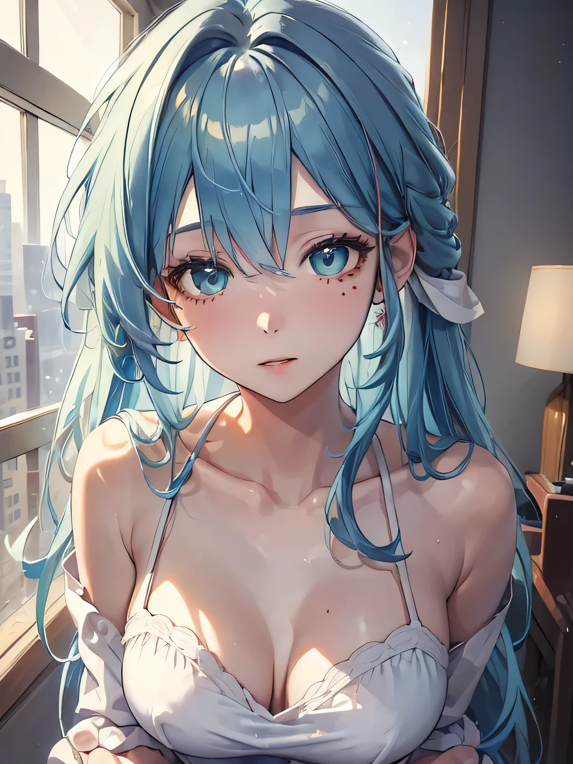 (((a girl in a wooden room、Medium bust、Leaning forward on your desk、(Cute girl wearing light pink underwear、nudde)))、smooth translucent white skin、 ((Best Quality, masutepiece, hight resolution:1.2), Ultra-detailed, (Realistic:1.37), Vivid colors, nffsw, Studio Lighting, Sharp Focus,physically-based renderingt、8K Image Wallpaper)、(extremely delicate and beautiful)、(​masterpiece)、(top-quality:1.0)、(超hight resolution:1.0)、(Precise human body structure)、(Full limbs)、(2 arms)、(2 legs)、(complete fingers)、(Slender beauty)、(Not muscular)、(((((Expressive Ace Perfect、good breasts、round breast、Medium bust、cleavage of the breast、Pink nipples、pink areolas、Emin gets rid of the bulge in her nipples、girls dragon ball bloomers、 ribbon lay hair ponytail、Green hair、Not Moriman)))、climax、(red blush:1.3)、in a house、by the window、huge window、idyllic scenery、serene landscape、Beautiful Landscapes、stunning landscape、(Lake view room settings)、(huge windowから見える湖の背景)、Perfect View