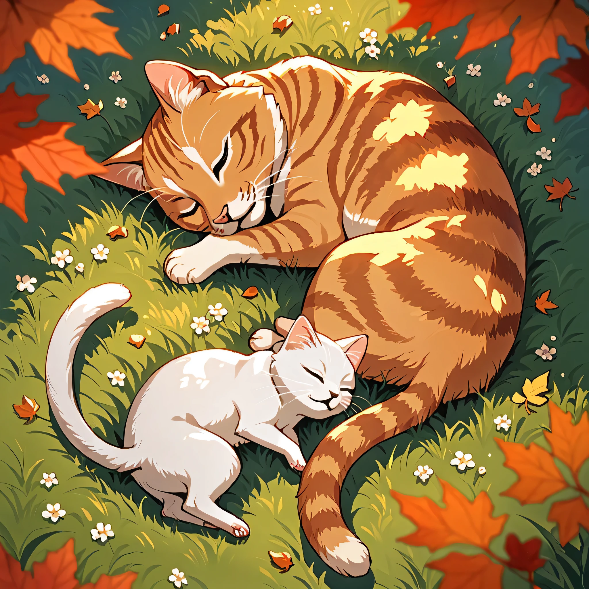 score_9, score_8_up, score_7_up, adorable kitten, kitten, cat, sleeping in the grass, beautiful autumn scene, source_anime