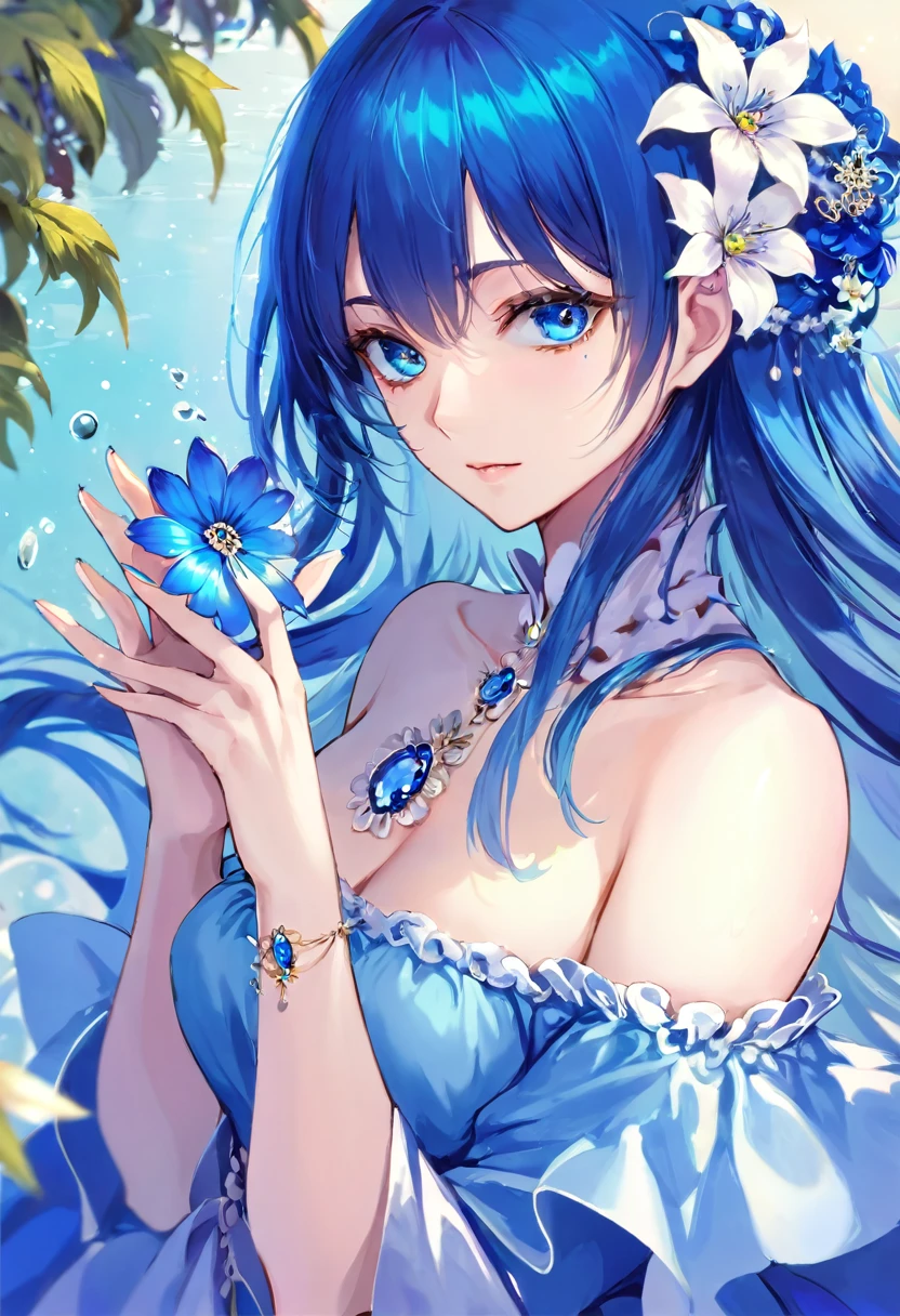 One girl,flower,alone,ring,hair flower,hair ornaments,View Viewer,jewelry,Long Hair,blue eyes,bangs,Blue Hair,Lips parted,swept bangs,blue flower,Upper Body,flowerびら,Exposing shoulders,Manicure,Blue Claws,compensate,eyelash,water,ct style,Beautiful Eyes,