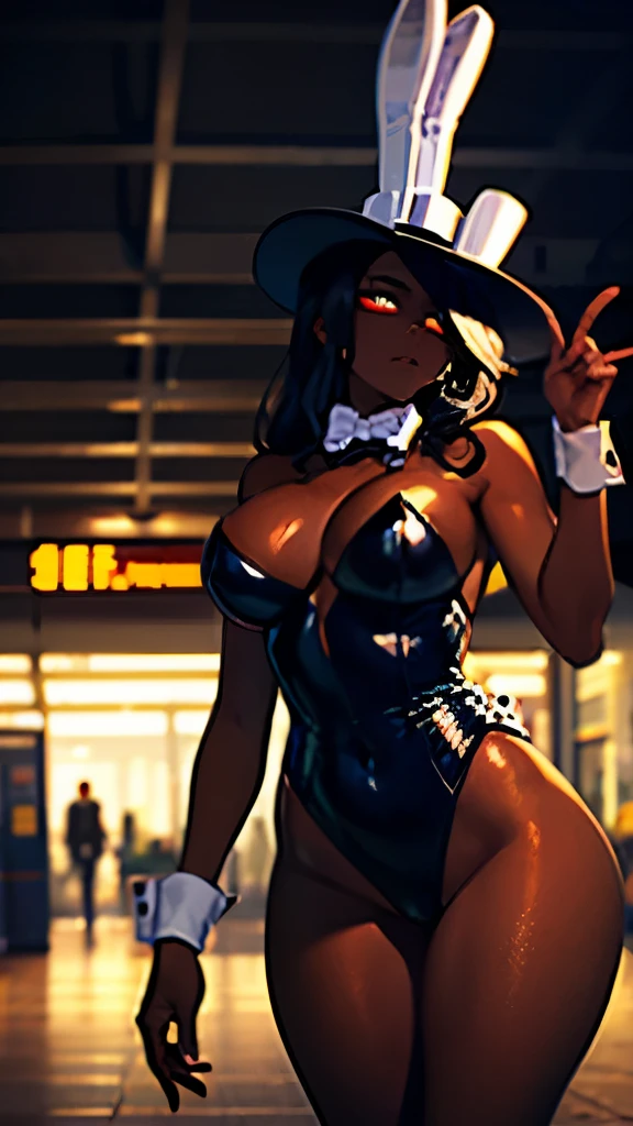 playboy bunny suit, top hat, shaded face, glowing evil eyes, lustrous dark skin, train station