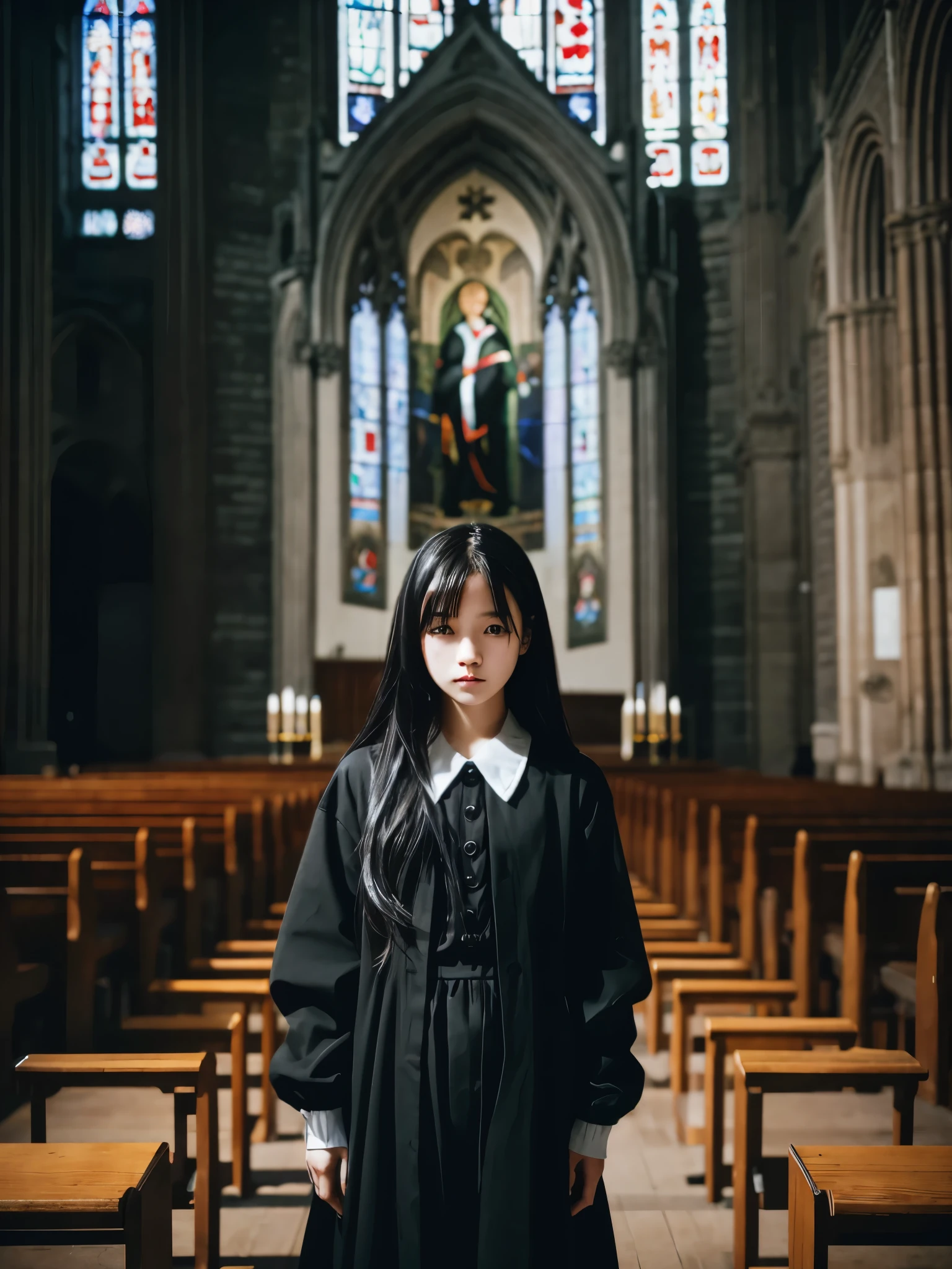 Black outfit、Comme des Garcons-like outfit、Portrait、Long Black Hair、Japanese、Inside the church、Stained glass

　