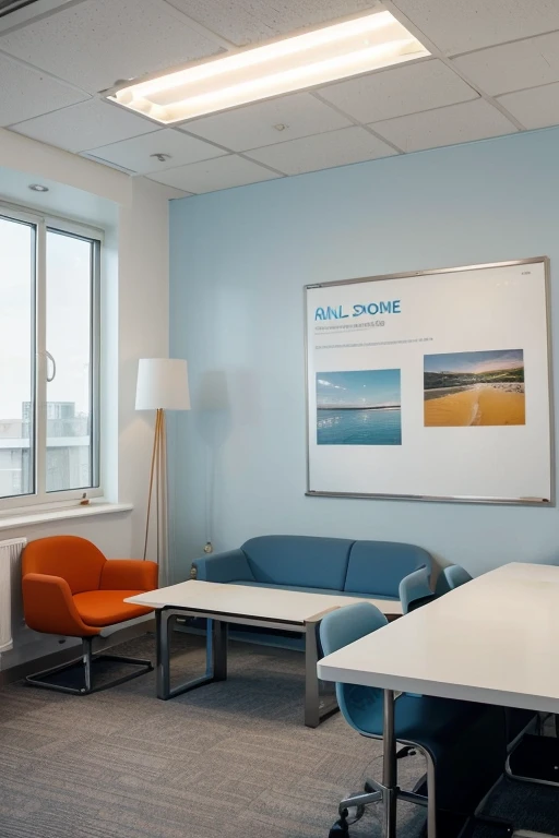 Sure, here's the description in English, optimized for generating a visual representation using artificial intelligence:
---
**Interior Design Proposal for "Barman" Advertising Agency**
### 1. **Color Scheme**
- **Palette:** Utilize the corporate colors (blue and orange) in walls, furniture, and decorative items.
- **Accent Walls:** Choose one or two walls as focal points with bolder colors (orange) and the rest in softer tones (light blue or white).
### 2. **Furniture and Decorations**
- **Modern and Comfortable Furniture:** Use modern, ergonomic furniture that promotes comfort and creativity.
- **Group Work Tables:** Design open and shared workspaces with group work tables to encourage collaboration and idea exchange.
- **Comfortable Chairs:** Provide high-quality, comfortable chairs for staff and visitors.
### 3. **Special Areas**
- **Creative Meeting Rooms:** Design meeting rooms with modern amenities (whiteboards, large screens) and décor that stimulates creativity.
- **Relaxation Area:** Create a relaxation area with comfortable seating, natural plants, and amenities like a coffee maker and fridge for staff well-being.
- **Project Display Space:** Designate a wall or section to display successful projects and company portfolios.
### 4. **Lighting**
- **Natural Light:** Maximize the use of natural light with large windows and clear glass.
- **Artificial Lighting:** Use warm, adjustable lighting to create a pleasant and motivating environment.
- **Feature Lighting:** Install decorative lights and creative lamps in various spots to enhance the sense of energy and creativity.
### 5. **Visual and Artistic Elements**
- **Artistic Posters:** Install artistic posters and creative prints that reinforce the company's visual identity and inspire employees.
- **Quotes and Slogans:** Use motivational quotes and the company's slogans on walls.
- **Company Logo:** Place the company logo prominently in the entrance area or main wall to highlight the brand.