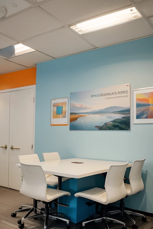 Sure, here's the description in English, optimized for generating a visual representation using artificial intelligence:
---
**Interior Design Proposal for "Barman" Advertising Agency**
### 1. **Color Scheme**
- **Palette:** Utilize the corporate colors (blue and orange) in walls, furniture, and decorative items.
- **Accent Walls:** Choose one or two walls as focal points with bolder colors (orange) and the rest in softer tones (light blue or white).
### 2. **Furniture and Decorations**
- **Modern and Comfortable Furniture:** Use modern, ergonomic furniture that promotes comfort and creativity.
- **Group Work Tables:** Design open and shared workspaces with group work tables to encourage collaboration and idea exchange.
- **Comfortable Chairs:** Provide high-quality, comfortable chairs for staff and visitors.
### 3. **Special Areas**
- **Creative Meeting Rooms:** Design meeting rooms with modern amenities (whiteboards, large screens) and décor that stimulates creativity.
- **Relaxation Area:** Create a relaxation area with comfortable seating, natural plants, and amenities like a coffee maker and fridge for staff well-being.
- **Project Display Space:** Designate a wall or section to display successful projects and company portfolios.
### 4. **Lighting**
- **Natural Light:** Maximize the use of natural light with large windows and clear glass.
- **Artificial Lighting:** Use warm, adjustable lighting to create a pleasant and motivating environment.
- **Feature Lighting:** Install decorative lights and creative lamps in various spots to enhance the sense of energy and creativity.
### 5. **Visual and Artistic Elements**
- **Artistic Posters:** Install artistic posters and creative prints that reinforce the company's visual identity and inspire employees.
- **Quotes and Slogans:** Use motivational quotes and the company's slogans on walls.
- **Company Logo:** Place the company logo prominently in the entrance area or main wall to highlight the brand.