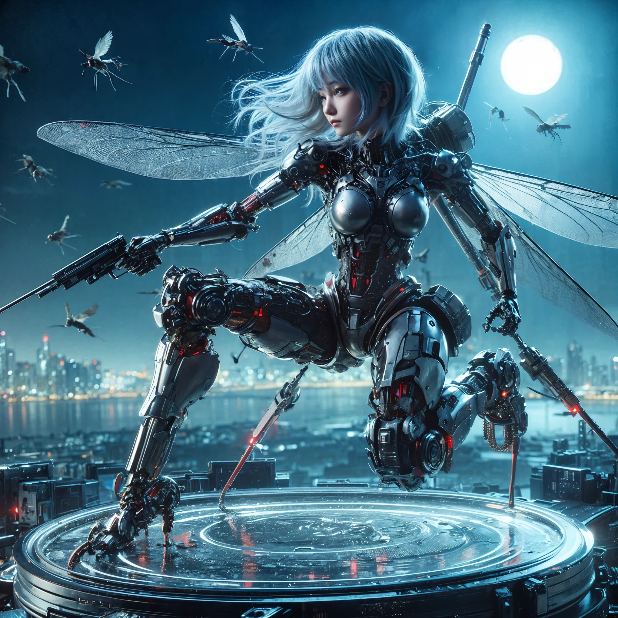 (top-quality:1.2, masterpiece), ultra high resolution, (Photorealsitic:1.4),, (bird-type mechanical heavy armor), (mechanical armor:1.3), light red base with silver and bronze accent, 1 Japanese female soldier, extremely realistic face, (blue hair), ((ultimately intricate all details)), (whole body picture), realistic shadow, octan render, 8K, ultrasharp, character edge light, Details of complex ornaments, Hydraulic cylinder, power cable, dystopia with a beautiful view at night,