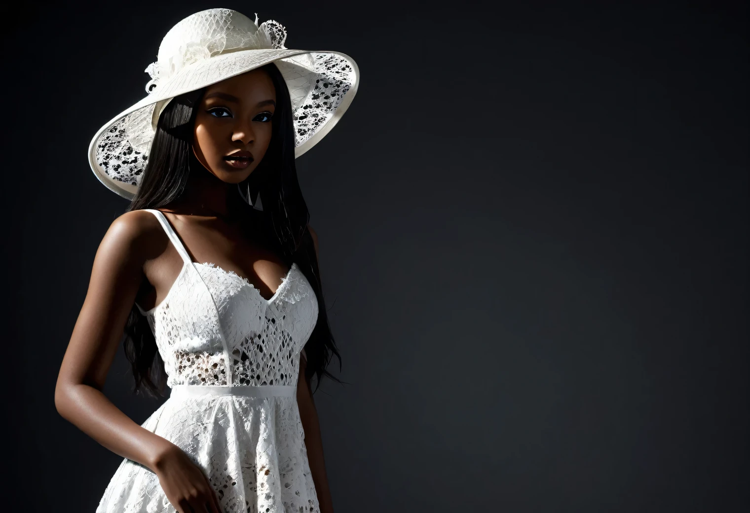 a contrasting photo for an elite glossy magazine, in the shadow stands a beautiful stylish African girl in a beautiful dress made of white lace, (White Lace), on her head a fashionable wide-brimmed hat made of White Lace complements the strict image of a girl, a girl stands in the shadow and creates a contrasting image of a dark silhouette of a dark-skinned girl and a bright white lace dress, on the girl shadows, full body, full pose, the play of light highlights and shadows, spectacular and stylish, artphoto
