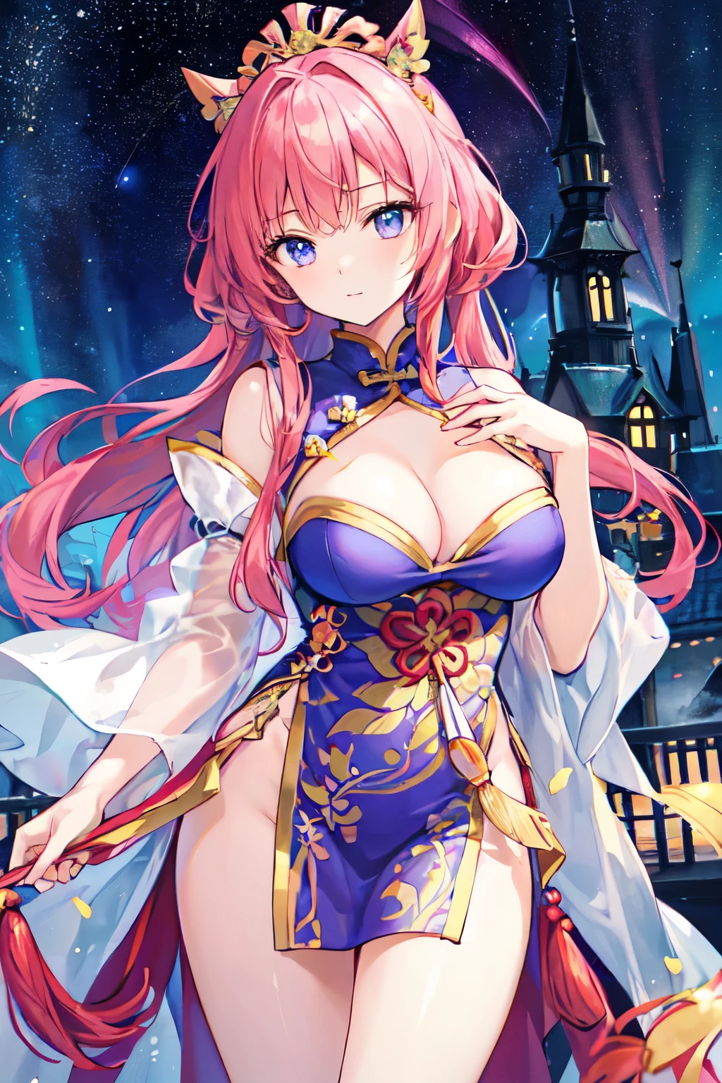 (masterpiece)、(highest quality)、((Super detailed))、(super delicate)、naughty chinese princess、Pastel colors hair、beautiful breasts、gorgeous castle、Fantastic starry sky、pink hair, cleavage, aurora