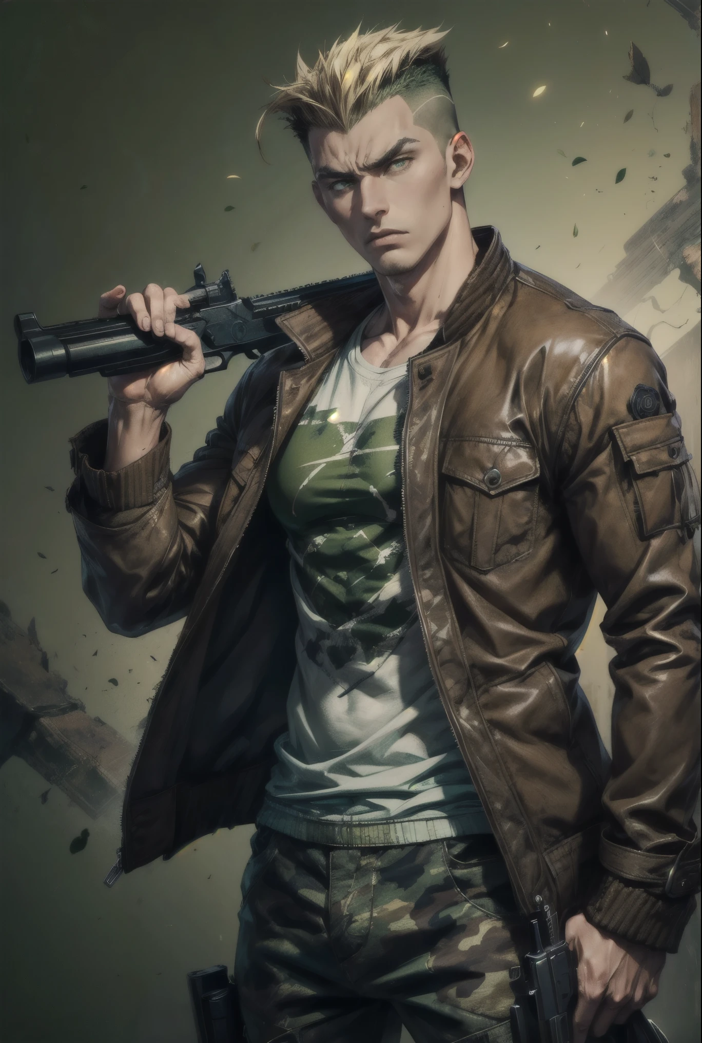 masterpiece, best quality:1.4), Solo, (((brown jacket))), green plain t-shirt , camouflage pants, angry young man, holding a gun, shaved, european, green eyes, thin short blond hair, Fauxhawk, white skin, one man, male, portrait, background removed