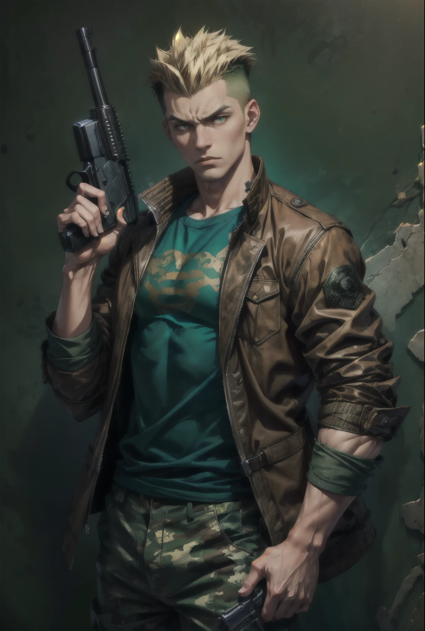 masterpiece, best quality:1.4), Solo, (((brown jacket))), green plain t-shirt , camouflage pants, angry young man, holding a gun, shaved, european, green eyes, thin short blond hair, Fauxhawk, white skin, one man, male, portrait, background removed