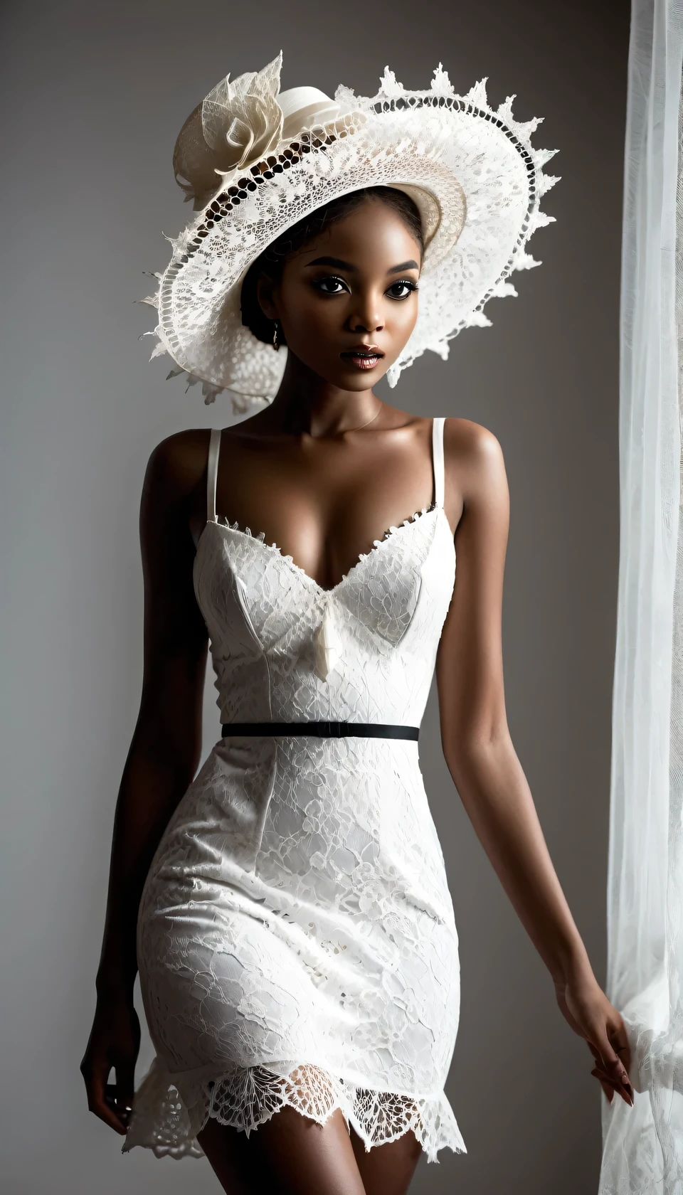 a contrasting photo for an elite glossy magazine, in the shadow stands a beautiful stylish African girl in a beautiful dress made of white lace, (White Lace), on her head a fashionable wide-brimmed hat made of White Lace complements the strict image of a girl, a girl stands in the shadow and creates a contrasting image of a dark silhouette of a dark-skinned girl and a bright white lace dress, on the girl shadows, full body, full pose, the play of light highlights and shadows, spectacular and stylish, artphoto