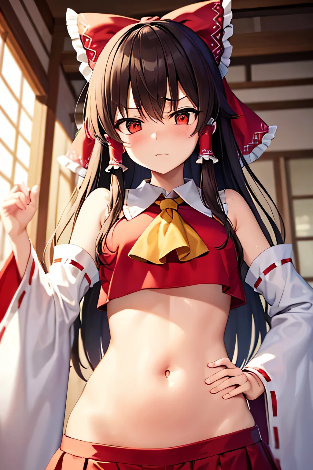 super fine illustration, vibrant colors, masterpiece, sharp focus, best quality, depth of field, cinematic lighting, ultra detailed, blush, annoyed, belly button, navel, hips, shrine maiden, hakurei reimu, 1girl, hair bow, ascot, hair tubes, detached sleeves, looking down, red shirt, red skirt, long hair, dark brown hair, indoors,