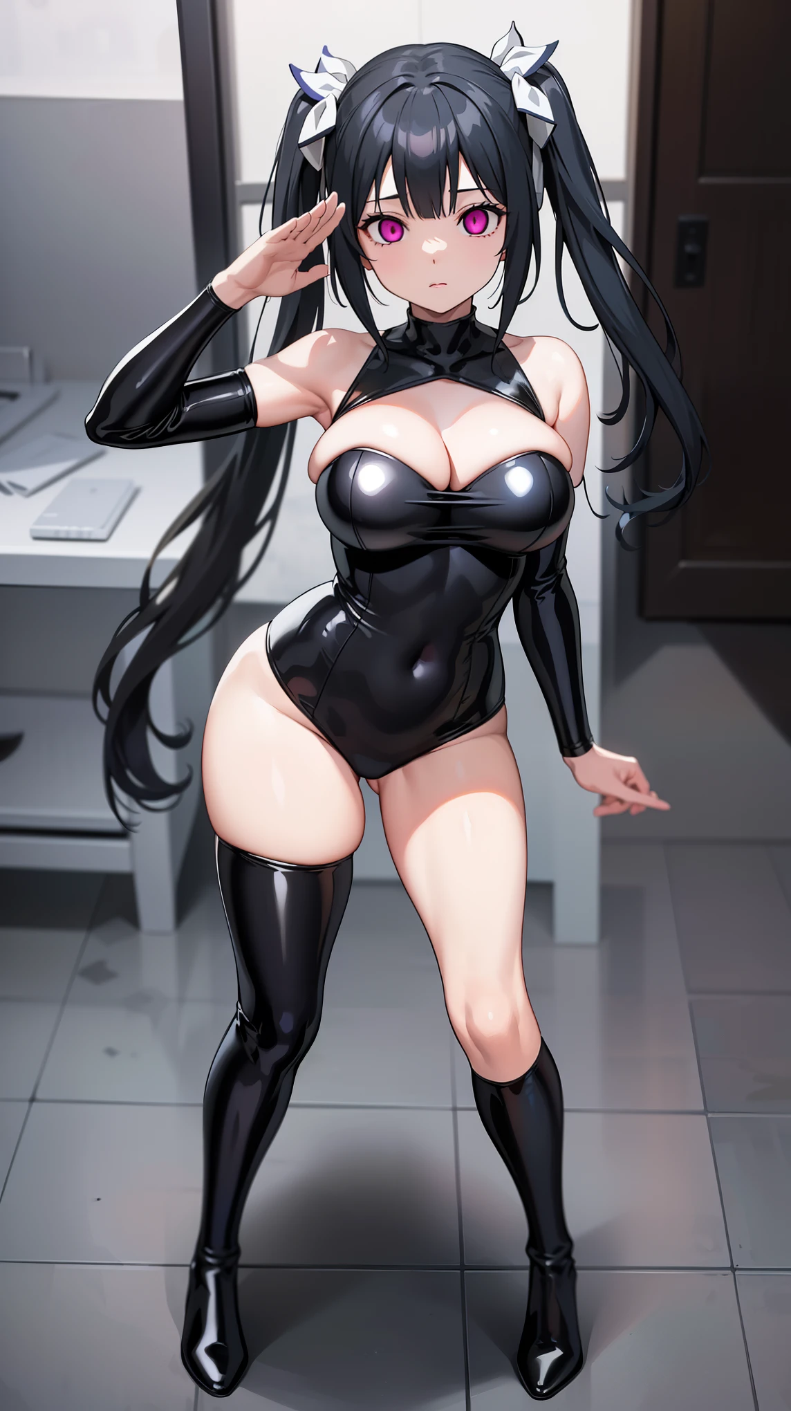 1 girl,Browsing Caution, Fall into Darkness, ((Stand up, salute)),((Black latex tight rubber suit)), ((Evil costume)), danmachiHestia, Hestia, ,black hair, twintails,((Big Tits 1.8)), clavicle, Glowing purple eyes,Absurd, brainwashing,Hollow Eyes, ((Expressionless, Emotional Removal)),avert your eyes , Full body portrait, ((indoor, Dark factory)),night, (highest quality、4K、8k、High resolution、Must have:1.2)、Very detailed、(reality、reality的なです、reality的な:1.37)、Ticker、Hyper HD、Studio Lighting、Ultra High Definition Paint、Sharp focus、Physically Based Rendering、Extremely detailed、Professional specifications、Vibrancy and color、Blurred、Sports portrait、landscape、Horror Style、Anime Big 、sf、photograph、Concept Artist、Five Fingers, Perfect body,  {{{masterpiece}}}, {{{highest quality}}}, {{Very detailed}}, {shape}, {{Very delicate and beautiful}},Improved cost performance、All Roles、Canon 5D MK4でphotograph、photograph, 