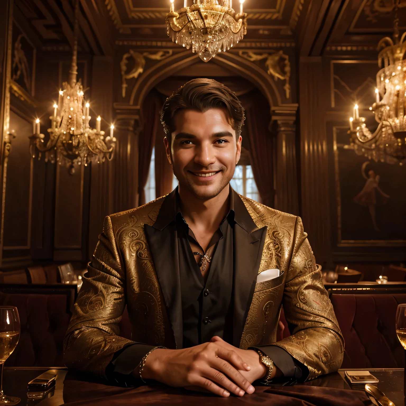 a handsome businessman in a sumptuous baroque-style restaurant, smiling warmly at his glamorous lady, intricate architectural details, ornate furnishings, dramatic lighting, cinematic mood, ultra-detailed, 8k, photorealistic, masterpiece