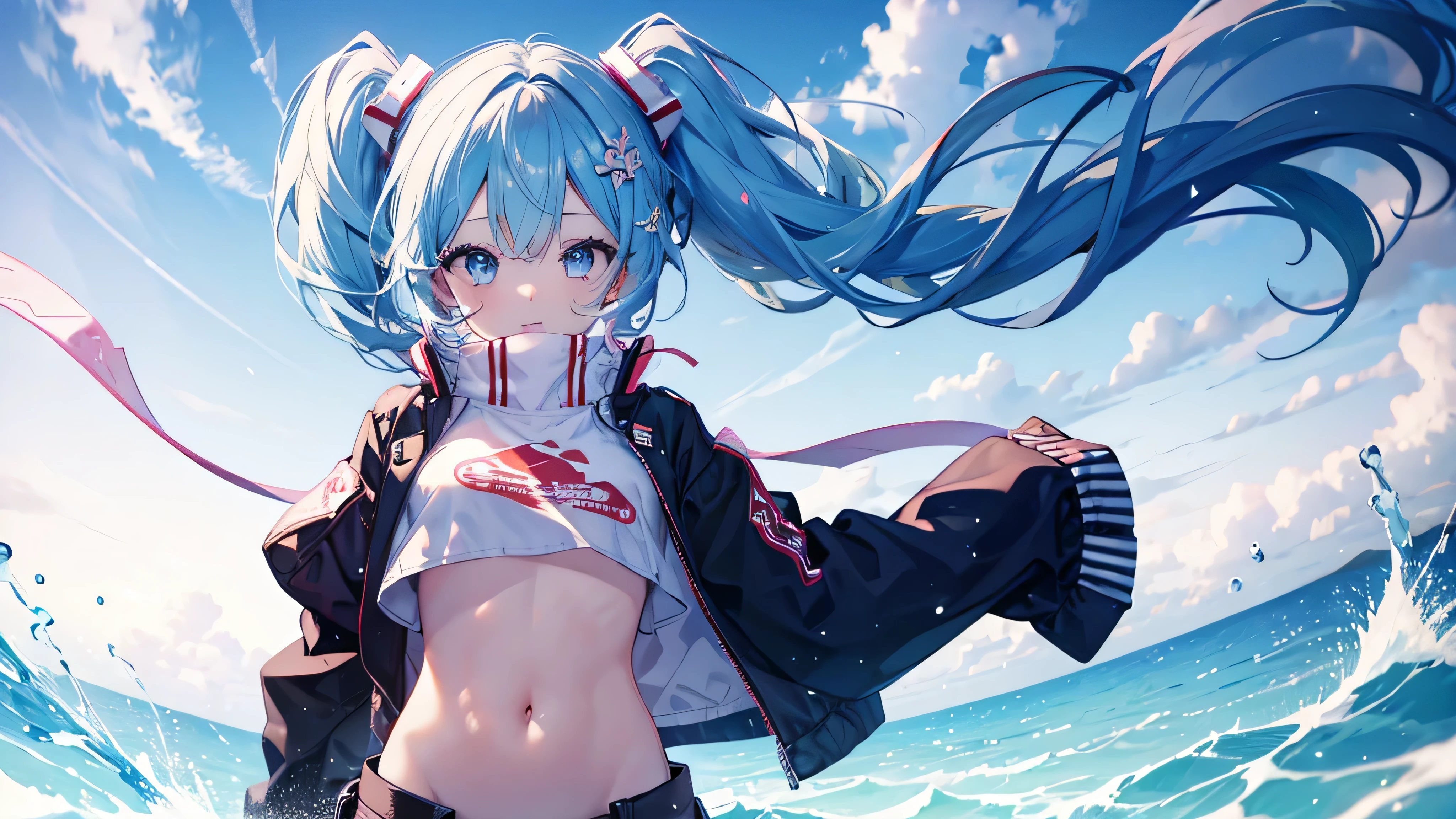 1 girl、belly button、Put your arms behind your back