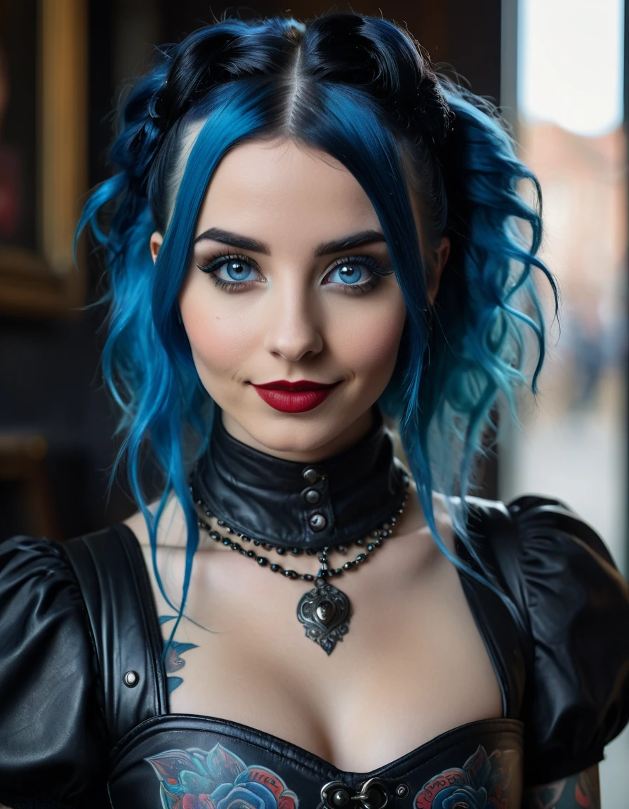 (Steve McCurry style), a goth Nordic girl, posing for the camera with blue hair and tattoos and a gothic look, 1 girl, alone, long hair, boots, blue hair, high heels, punk girls, ball gown girl, ( smiling lasive lips), 1 woman, alone, straight black hair and hairstyle, very detailed face, pretty eyes, [perfect leather], adorable, with bright eyes, happy, tender eyes, (Rembrandt Lighting), Zeiss lens, ultra realistic , (highly detailed skin: 1.2), 8k UHD, DSLR, spectacular kidney light, high quality, Fujifilm XT3.