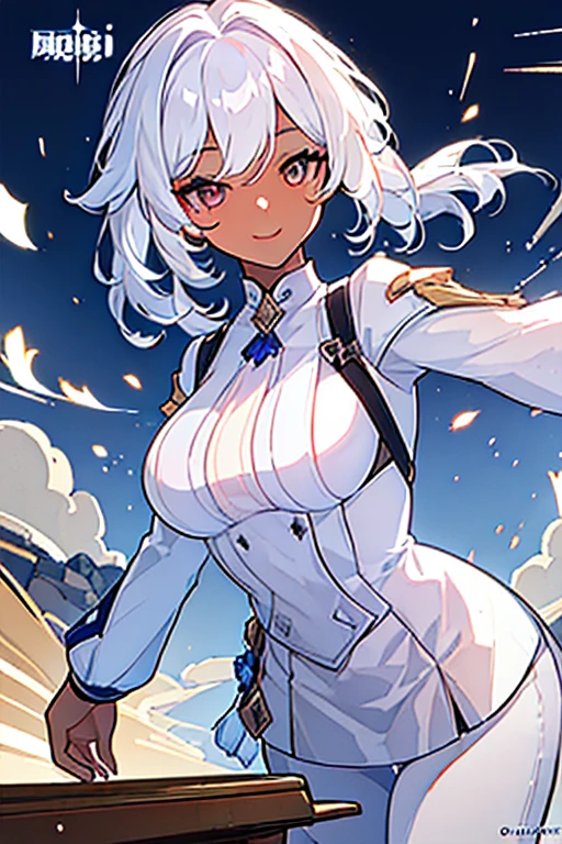 ((screenshot genshin impact, Masterpiece: 1.5, best quality, high resolution: 1.3, super resolution, super detailed, ultra detailed: 1.3, Perfect Anatomy:1.5, 1 woman) brown skin + wavy white hair + gray eyes + white eyelashes + female figure + white marks under her eyes (lace blouse, ties, high pants, no bangs on the face) ((open eyes, friendly smile, female bartender))