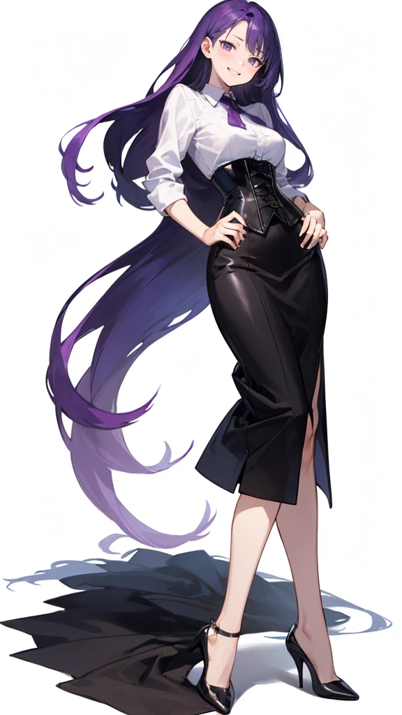 Purple Hair,long hair,Adult female,(suit),White Y-shirt,((Rolling up his sleeves)),(corset),(Black tight skirt),(High heels),Heels are visible,((Simple white background)),smile,((whole body)),((full body)),