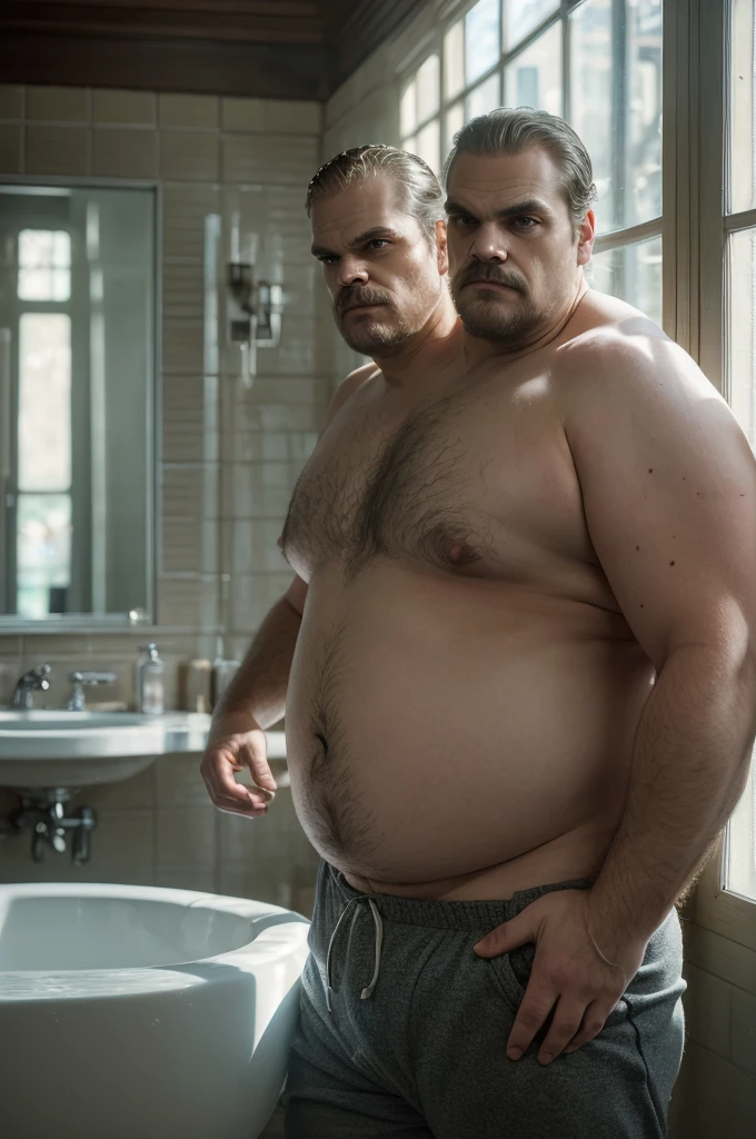 (((2heads))), 1man, ((david harbour:1.3)), middle aged male, ((fat)), ((overweight)), ((obese)), ((shirtless)), navel, athletic shorts, body hair, big bulge, dreamy atmosphere, dark cyan and red, i can't believe how beautiful this is, serene atmosphere, epic realistic, soft cinematic light, hdr, intricate, highly detailed, (depth of field:1.4), faded, (neutral colors:1.2), (hdr:1.4), (muted colors:1.2), hyperdetailed, (artstation:1.4), cinematic, dramatic light, (intricate details:1.1), bathroom scenery, (rutkowski:0.66), (intricate details:1.12), hdr, (intricate details, hyperdetailed:1.15) (skin texture:1.2), detailed expressions, tired, frowning, natural pose