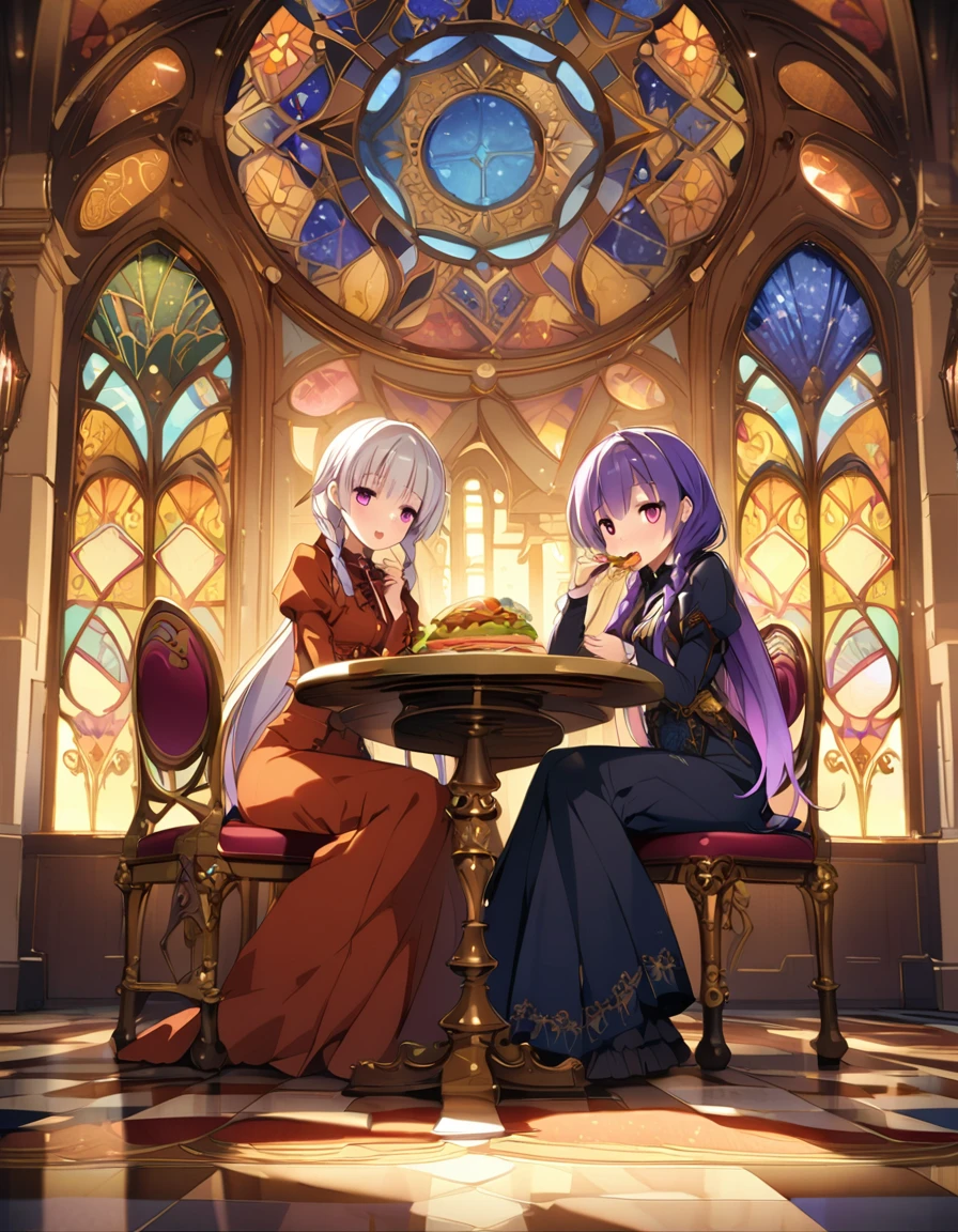 Amazing Art Nouveau cafe，A style of decorative art and architecture popular in Europe and the United States in the late 19th and early 20th centuries，2 girls eating lunch, yinji, purple hair, purple eyes, long hair, white hair, double braids, gradient hair,Based on flower、Intricate designs and curvilinear patterns of natural shapes such as leaves，Curved furniture and architectural details，Ornate brass hardware，Stained Glass Windows，Tile Flooring，Dim Lights，Warm amber hue，Elegant decoration，Detailed Texture，8k，masterpiece 