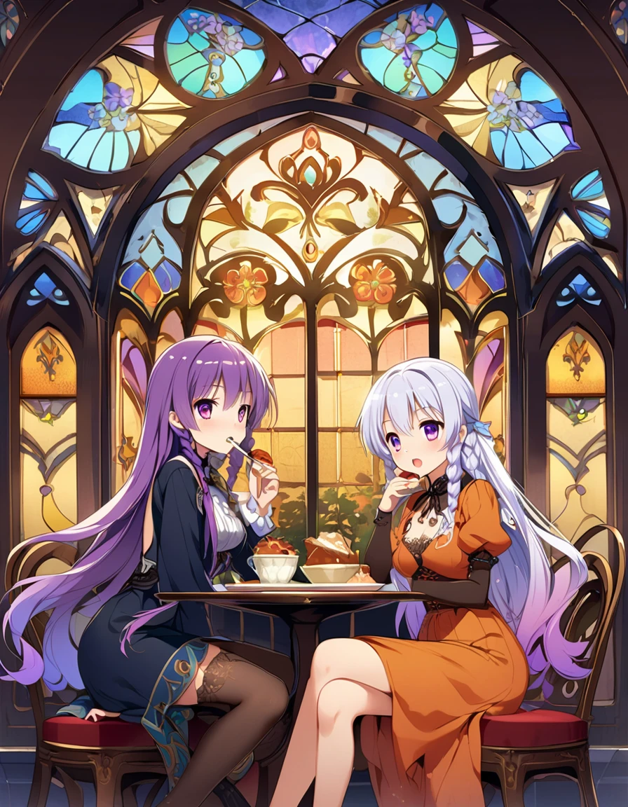 Amazing Art Nouveau cafe,A style of decorative art and architecture popular in Europe and the United States in the late 19th and early 20th centuries,2 girls eating lunch, yinji, purple hair, purple eyes, long hair, white hair, double braids, gradient hair,Based on flower、Intricate designs and curvilinear patterns of natural shapes such as leaves,Curved furniture and architectural details,Ornate brass hardware,Stained Glass Windows,Tile Flooring,Dim Lights,Warm amber hue,Elegant decoration,Detailed Texture,8k,masterpiece