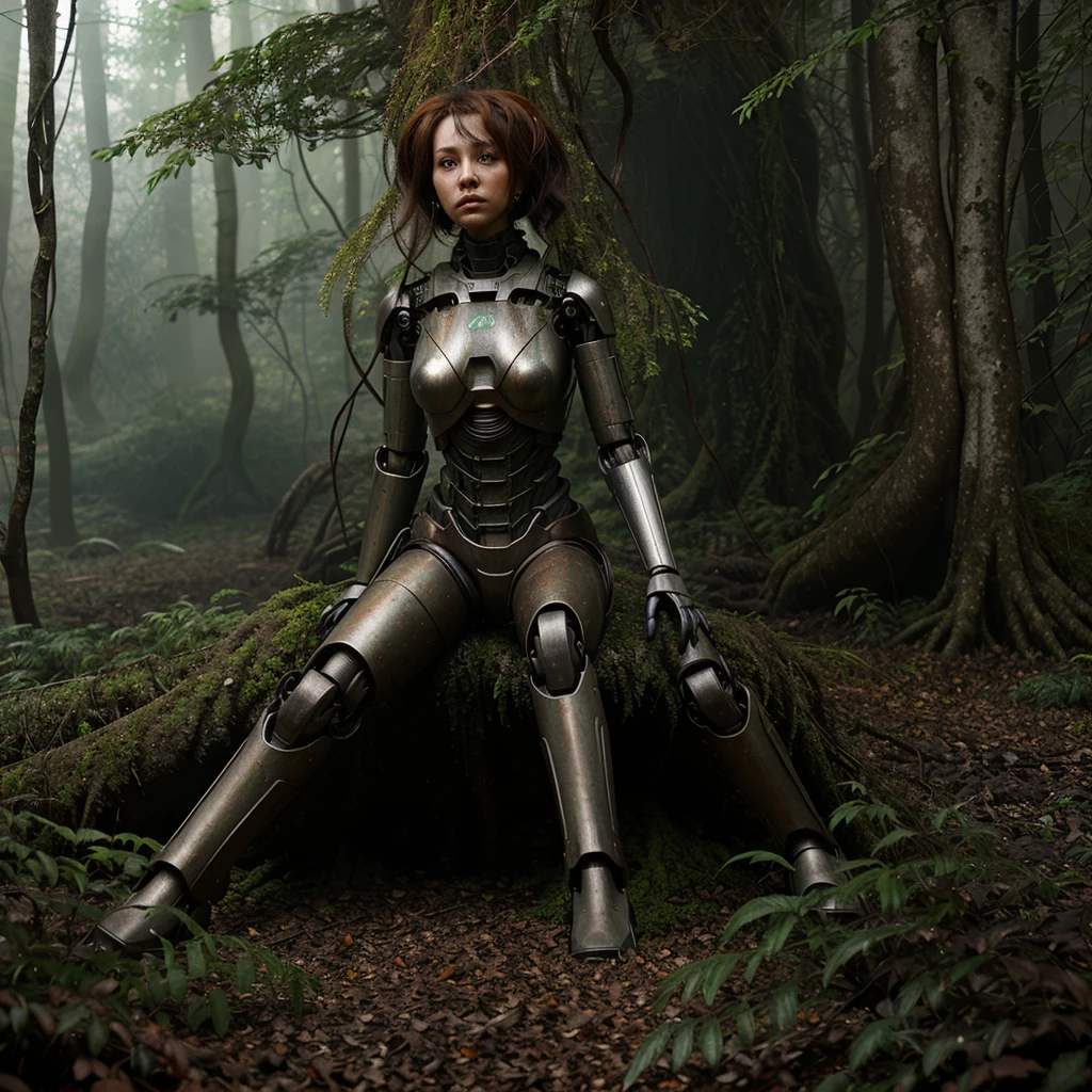 A lone female robot, once a symbol of technological advancement, rests forgotten in a dense, shadowy forest, its metal body covered in layers of rust and intertwined with the encroaching vegetation, 1 female robot, decaying, overgrown, abandoned, melancholy, mysterious, detailed, intricate rust patterns, weathered metal, mossy, lichen-covered, creaking joints, roots enveloping, dark, moody, chiaroscuro lighting, cinematic, dramatic, photorealistic, 8k, hyper detailed