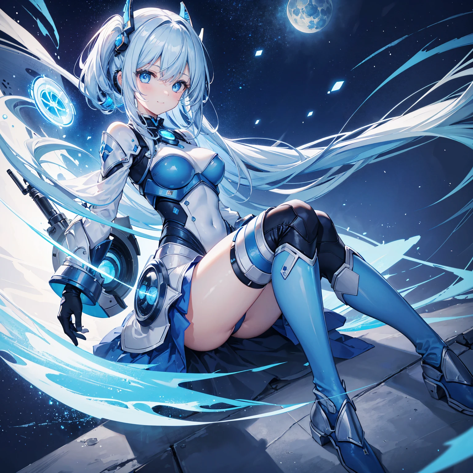 8k, highest quality, (real:1.4), Original photo, 1 girl, Asari Hair, Biological Amplifier, refined armor, posture: Peace talks between warring factions, smart blue eyes,A modest smile、Knee-high boots、Blue big moon and blue light swirl in the background、Blue light from behind、blue light magic
