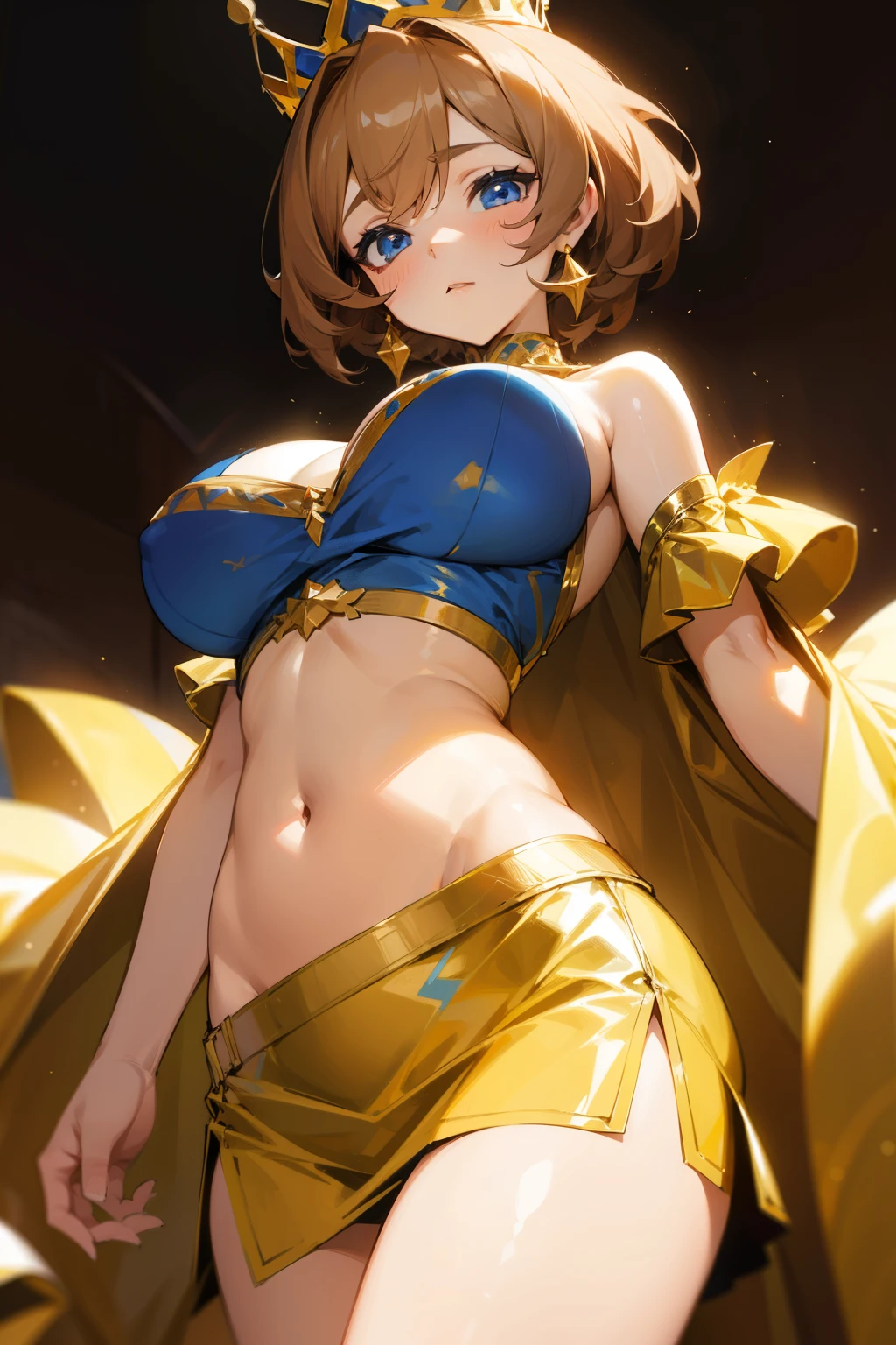 Girl, queen, crown, short light brown hair, blue eyes, gold clothes, big breasts, exposed belly, short skirt