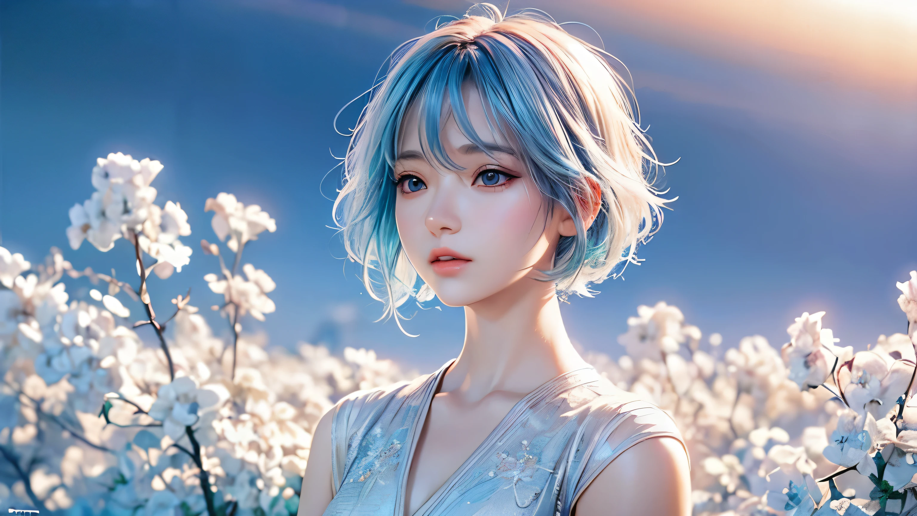 high quality,1 girl,short hair, Super detailed CG illustration of a young woman with a calm expression, Stare into the distance,His striking light blue hair blew gently in the desert breeze. The landscape behind him is vast and stunning, Taking viewers into a world of wonder and discovery.More ideas