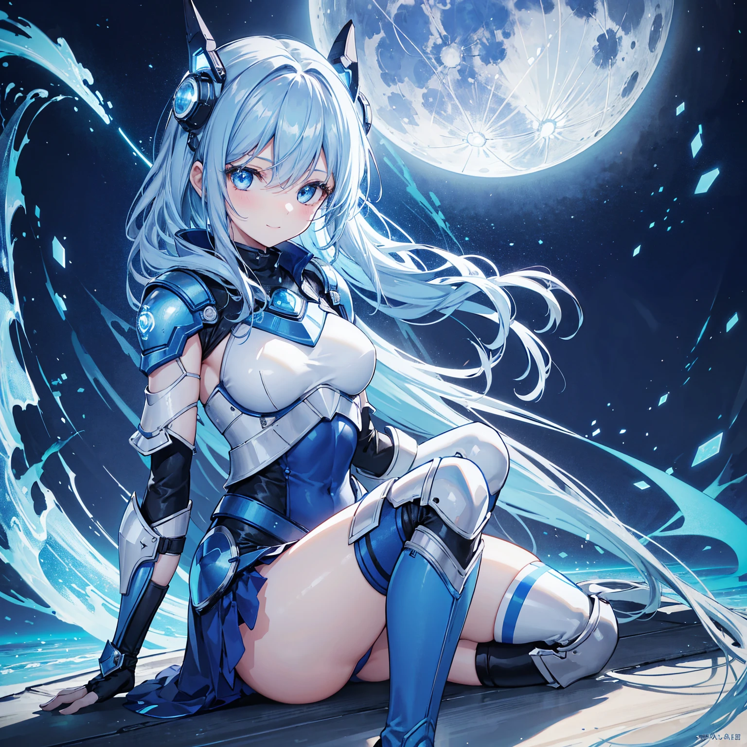 8k, highest quality, (real:1.4), Original photo, 1 girl, Asari Hair, Biological Amplifier, refined armor, posture: Peace talks between warring factions, smart blue eyes,A modest smile、Knee-high boots、Blue big moon and blue light swirl in the background、Blue light from behind、blue light magic