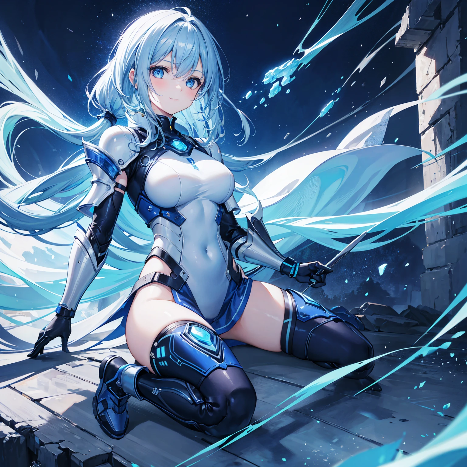 8k, highest quality, (real:1.4), Original photo, 1 girl, Asari Hair, Biological Amplifier, refined armor, posture: Peace talks between warring factions, smart blue eyes,A modest smile、Knee-high boots、Blue big moon and blue light swirl in the background、Blue light from behind、blue light magic