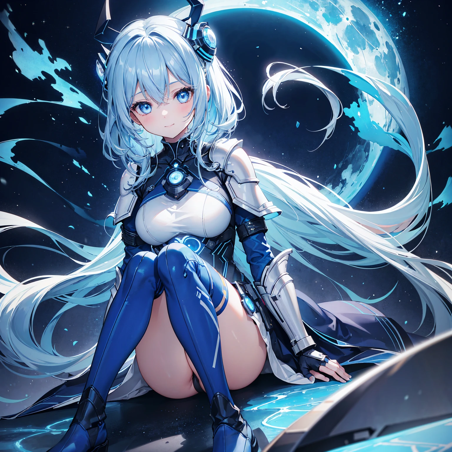 8k, highest quality, (real:1.4), Original photo, 1 girl, Asari Hair, Biological Amplifier, refined armor, posture: Peace talks between warring factions, smart blue eyes,A modest smile、Knee-high boots、Blue big moon and blue light swirl in the background、Blue light from behind、blue light magic