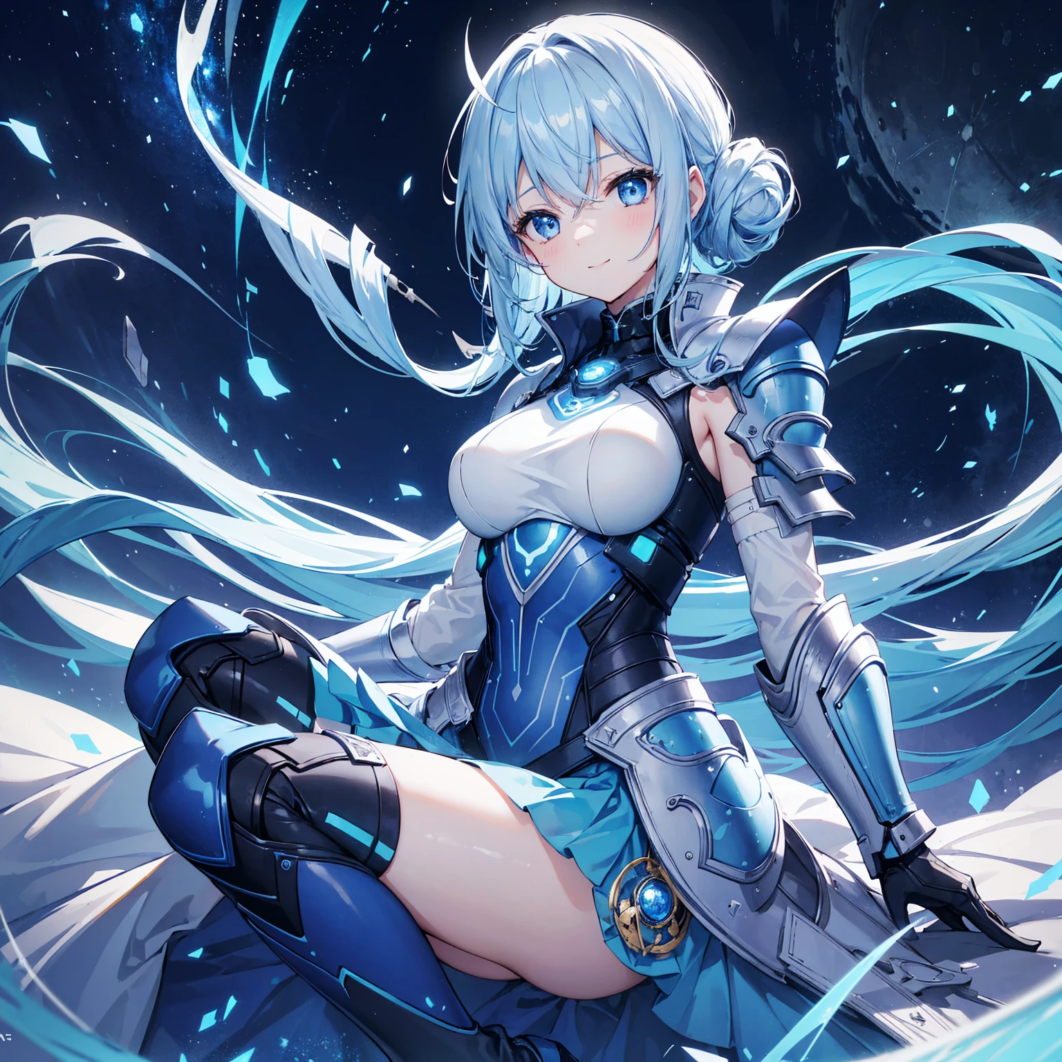 8k, highest quality, (real:1.4), Original photo, 1 girl, Asari Hair, Biological Amplifier, refined armor, posture: Peace talks between warring factions, smart blue eyes,A modest smile、Knee-high boots、Blue big moon and blue light swirl in the background、Blue light from behind、blue light magic