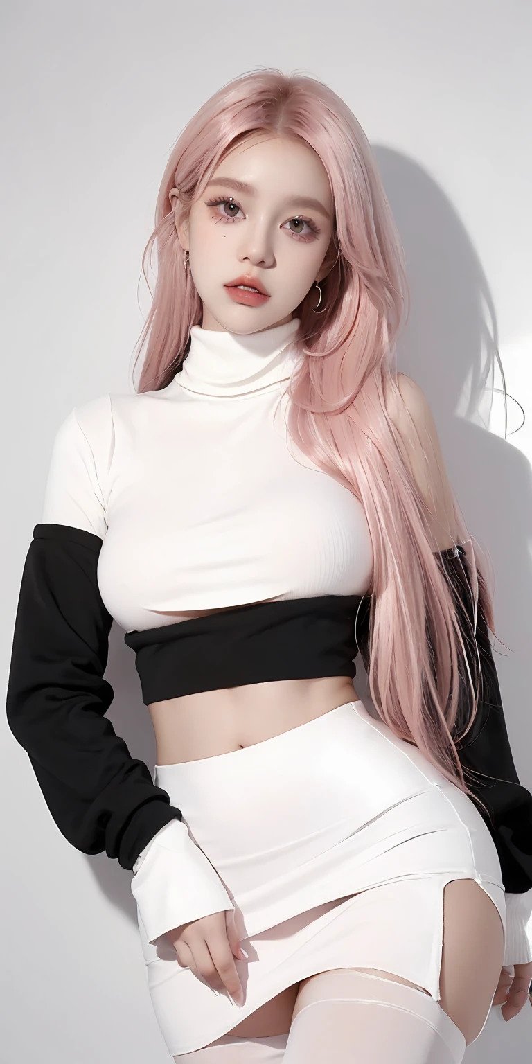 score_9. score_8_up, score_7_up, score_6_up, score_5_up, score_4_up, 1girl, tinager , ( 15 years old ) very absolute long pink hair, curvy, ( very long eye lashes ) , ((very very )) ,, glowing, ( very tight short skirt ) , shirt,skirt , black mini pencil skirt, (( white underboob turtleneck )) , (( long underboob sleeves )), , (glitch:1.2), portrait, (( underboob, long sleeves)) 
, underb00b