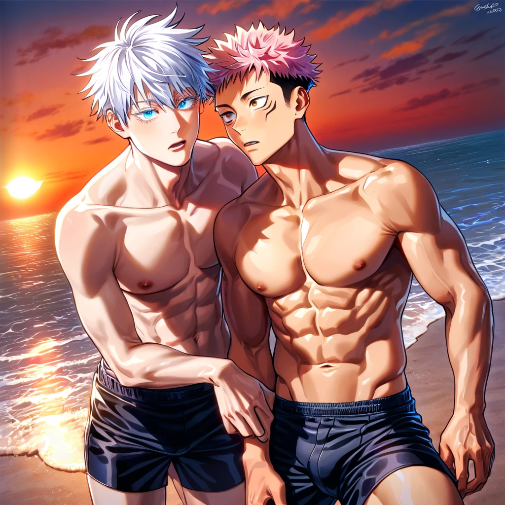 absurdres, highres, ultra detailed, HDR) master piece, best quality, Itadori Yuuji, pink hair, expressive brown eyes, Jujutsu Kaisen, Gojou Satoru, white hair, with bangs, expressive blue eyes, white eyelashes, two sexy men together, gay couple, yaoi, handsome, toned chest, topless, sensual, black tight shorts, sea, beach, sunset