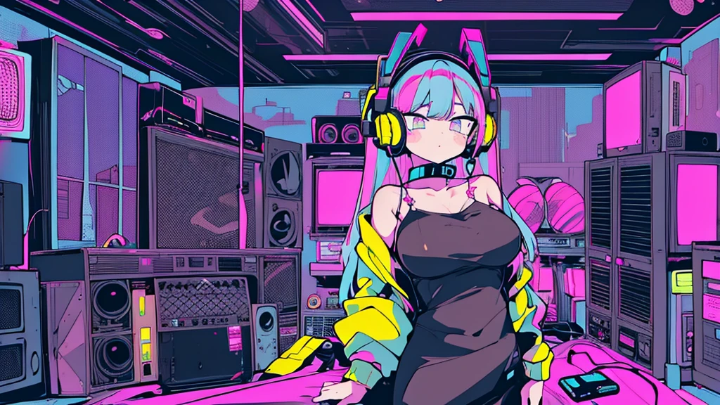 Best quality, (masterpiece:1.2), best detail face,1 girl, big breasts, 18 yo, 8k,absurdres,unity 8k wall paper,(extremely detailed:1.3), highest realistic, (retro headphones:1.1), (soft neon light:1.1), (floating hair:1.2), (psychedelic:1.2), Her room full of music equipment, Light clothing in summer, See the whole room, She is leaving the room, dark yellow color palette
