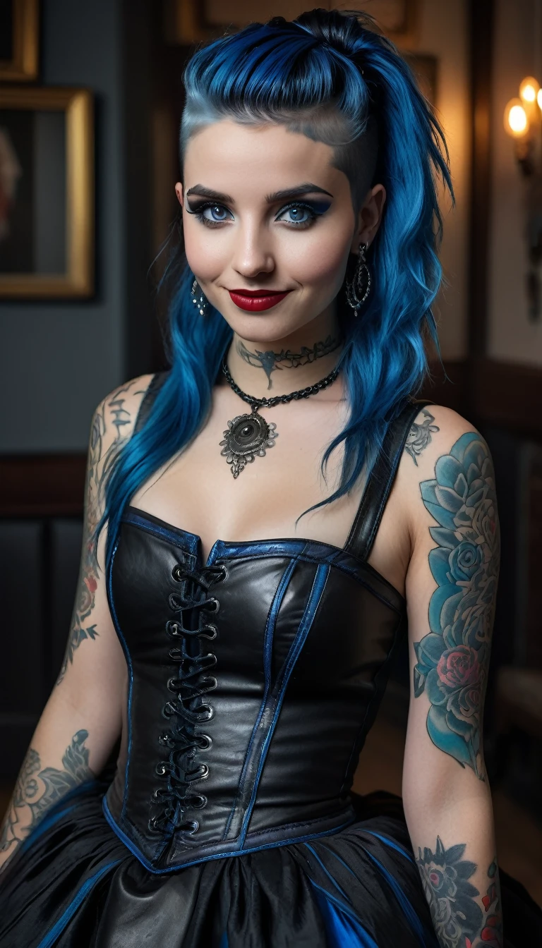 (Steve McCurry style), a goth Nordic girl, posing for the camera with blue hair punk and tattoos and a gothic look, 1 girl, alone, long hair, boots, blue hair, high heels, punk girls, ball gown girl, ( smiling lasive lips), 1 woman, alone, straight black hair and hairstyle, very detailed face, pretty eyes, [perfect leather], adorable, with bright eyes, happy, tender eyes, (Rembrandt Lighting), Zeiss lens, ultra realistic , (highly detailed skin: 1.2), 8k UHD, DSLR, spectacular kidney light, high quality, Fujifilm XT3.