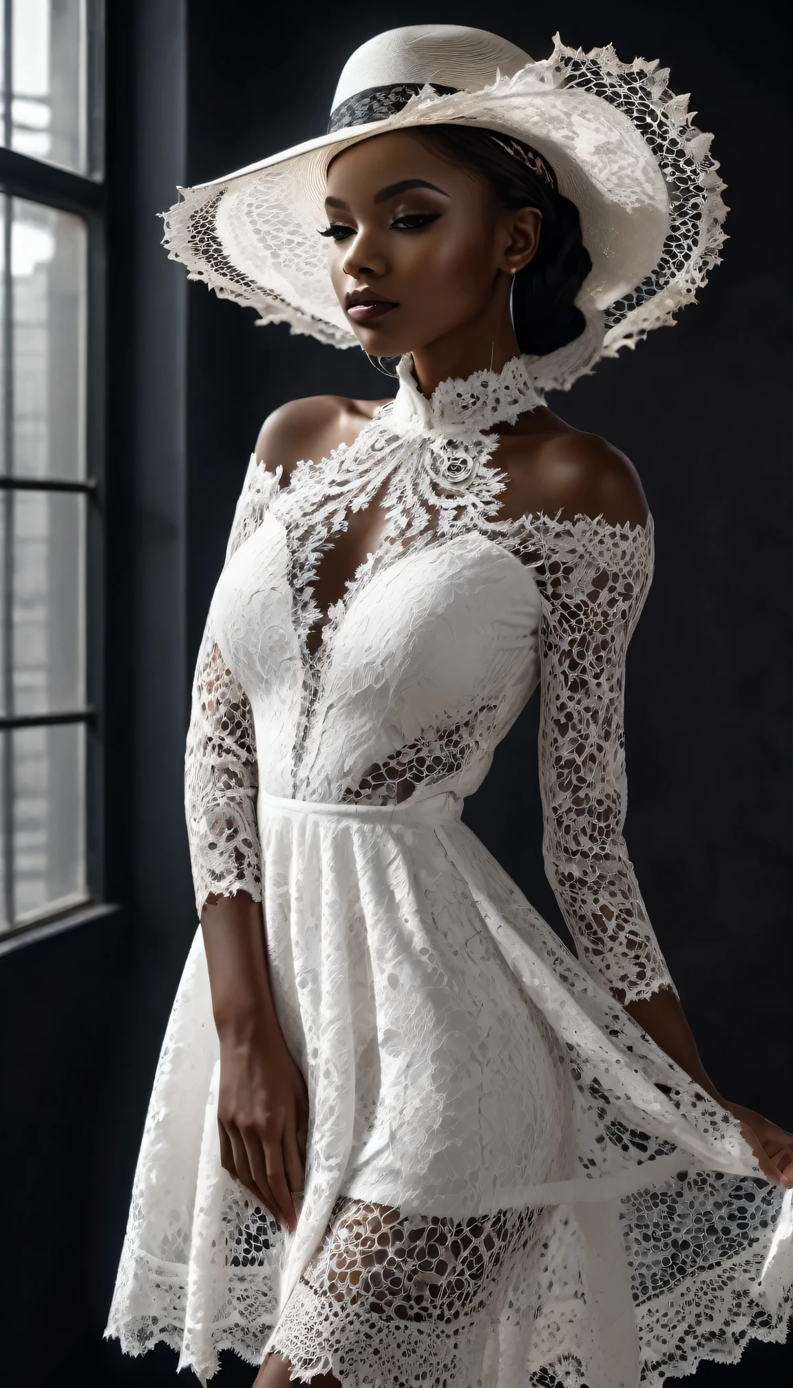 a contrasting photo for an elite glossy magazine, in the shadow stands a beautiful stylish African girl in a beautiful dress made of white lace, (White Lace), on her head a fashionable wide-brimmed hat made of White Lace complements the strict image of a girl, a girl stands in the shadow and creates a contrasting image of a dark silhouette of a dark-skinned girl and a bright white lace dress, on the girl shadows, full body, full pose, the play of light highlights and shadows, spectacular and stylish, artphoto