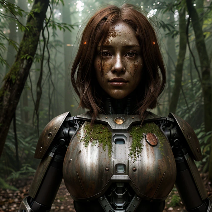 A lone female robot, once a symbol of technological advancement, rests forgotten in a dense, shadowy forest, its metal body covered in layers of rust and intertwined with the encroaching vegetation, 1 female robot, decaying, overgrown, abandoned, melancholy, mysterious, detailed, intricate rust patterns, weathered metal, mossy, lichen-covered, creaking joints, roots enveloping, dark, moody, chiaroscuro lighting, cinematic, dramatic, photorealistic, 8k, hyper detailed