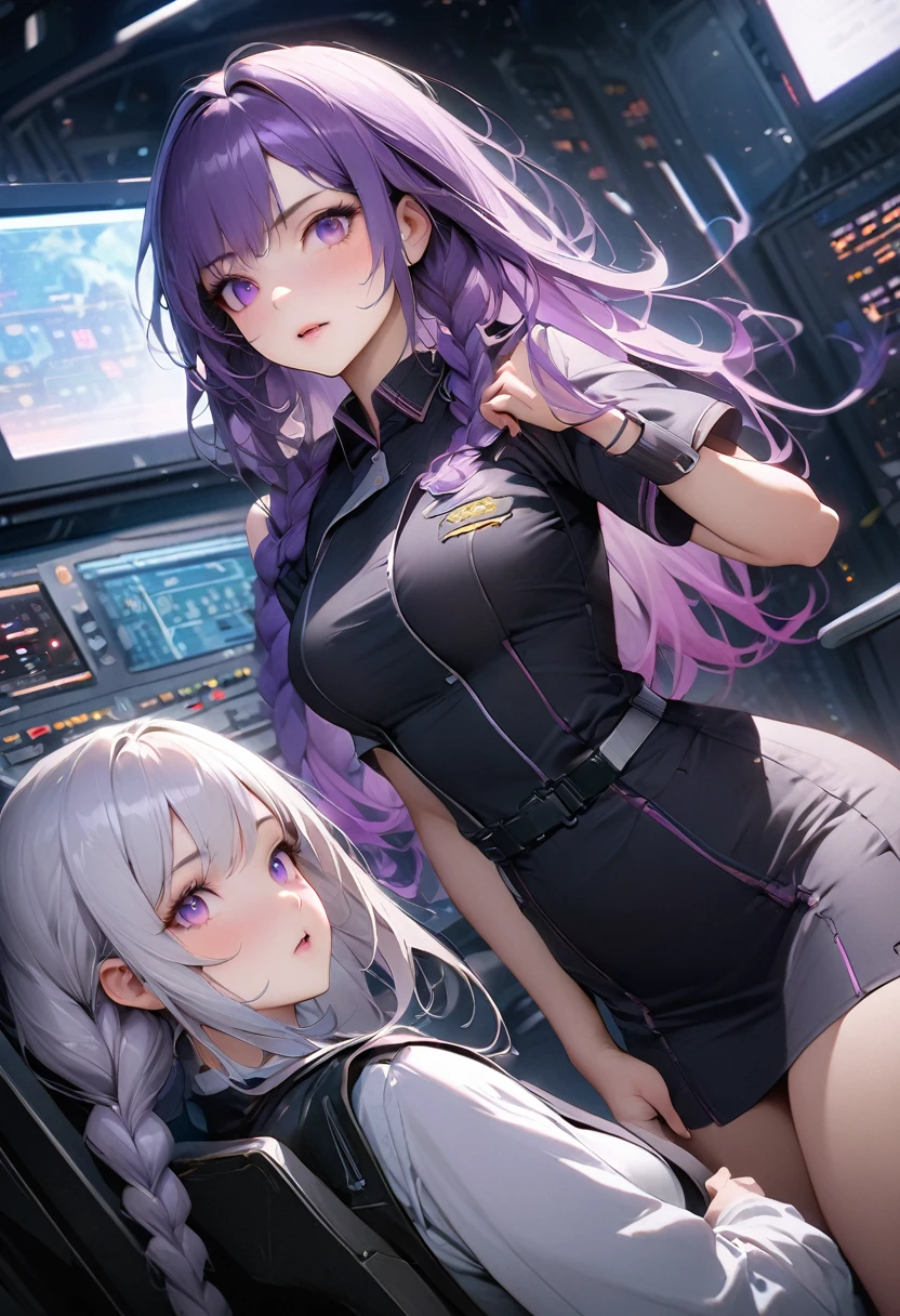 (Maximum resolution, clearly_image), best quality, masterpiece, Very detailed, Semi-realistic, 2 girls, yinji, purple hair, purple eyes, long hair, white hair, double braids, gradient hair, black, black百褶裙, Uniform, Spaceship space, Control Room, commander