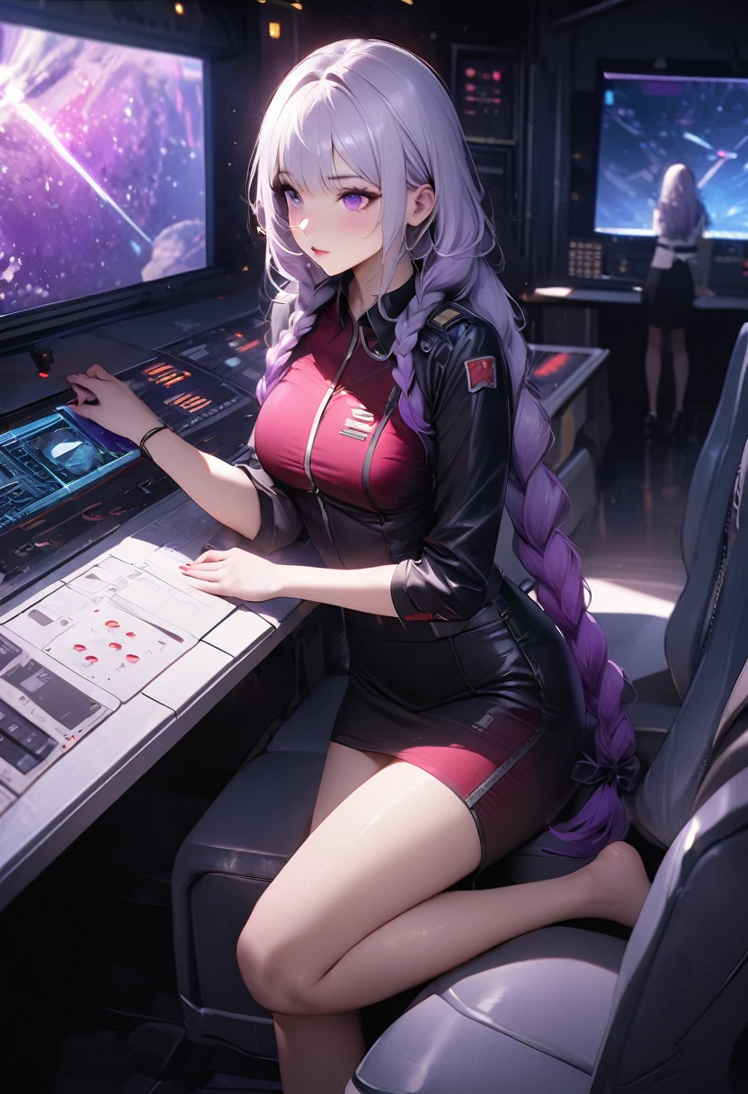 (Maximum resolution, clearly_image), best quality, masterpiece, Very detailed, Semi-realistic, 2 girls, yinji, purple hair, purple eyes, long hair, white hair, double braids, gradient hair, black, black百褶裙, Uniform, Spaceship space, Control Room, commander