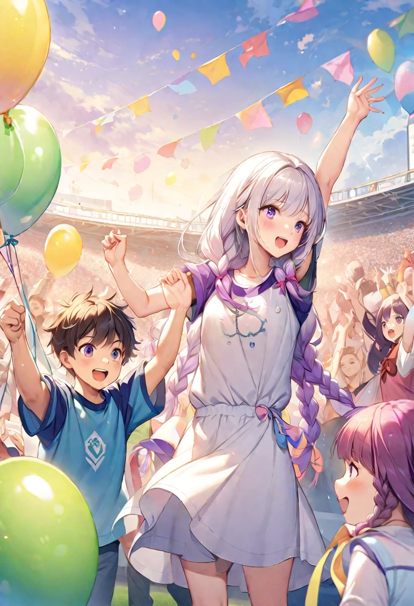 (Children's Day illustration), Two kids in casual sportswear cheering with raised hands on football field,  yinji, purple hair, purple eyes, long hair, white hair, double braids, gradient hair, Bright and warm, There are ribbons and balloons hanging around., Crowd cheering. The characters take up a small part of the picture.