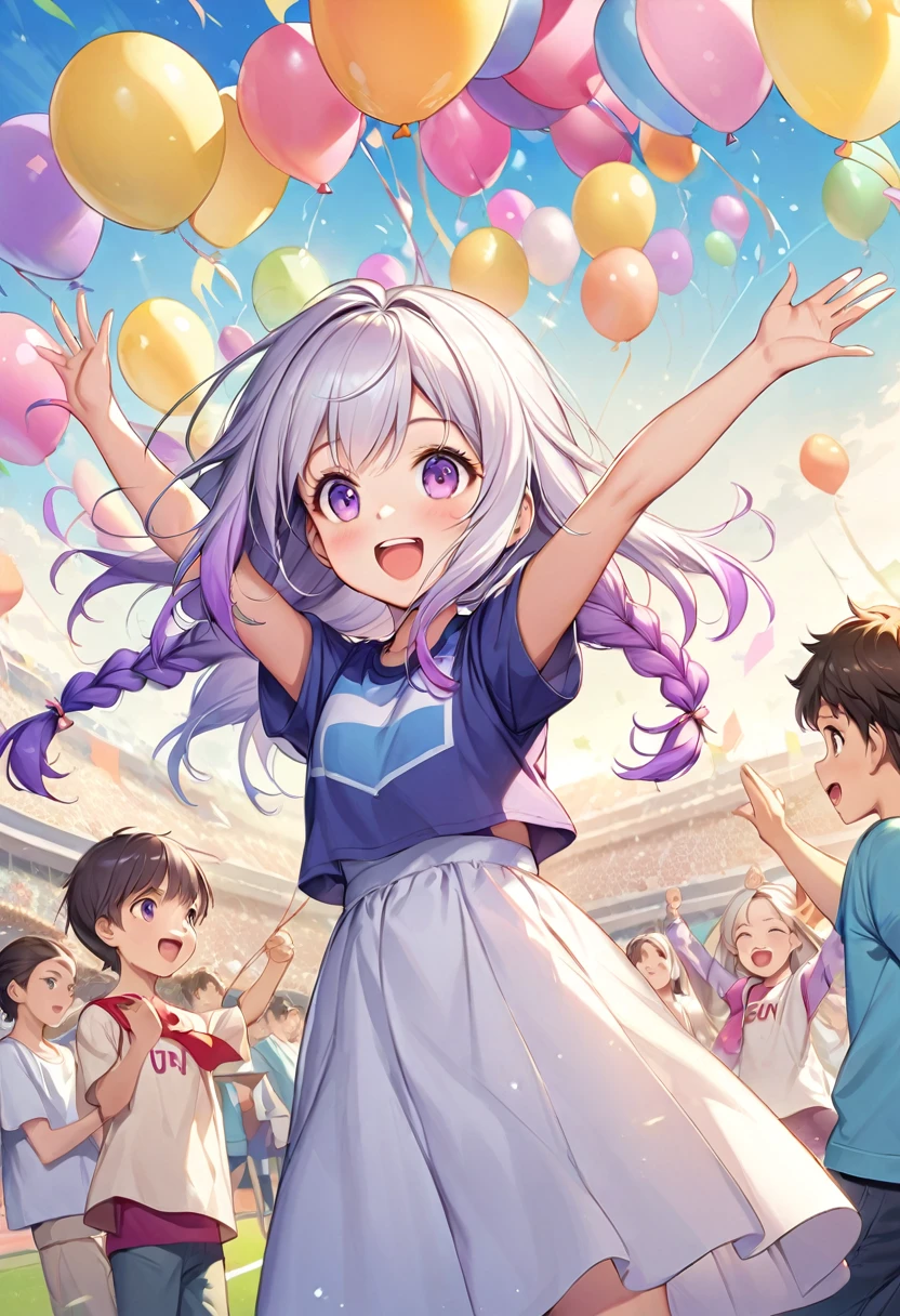 (Children's Day illustration), Two kids in casual sportswear cheering with raised hands on football field,  yinji, purple hair, purple eyes, long hair, white hair, double braids, gradient hair, Bright and warm, There are ribbons and balloons hanging around., Crowd cheering. The characters take up a small part of the picture.