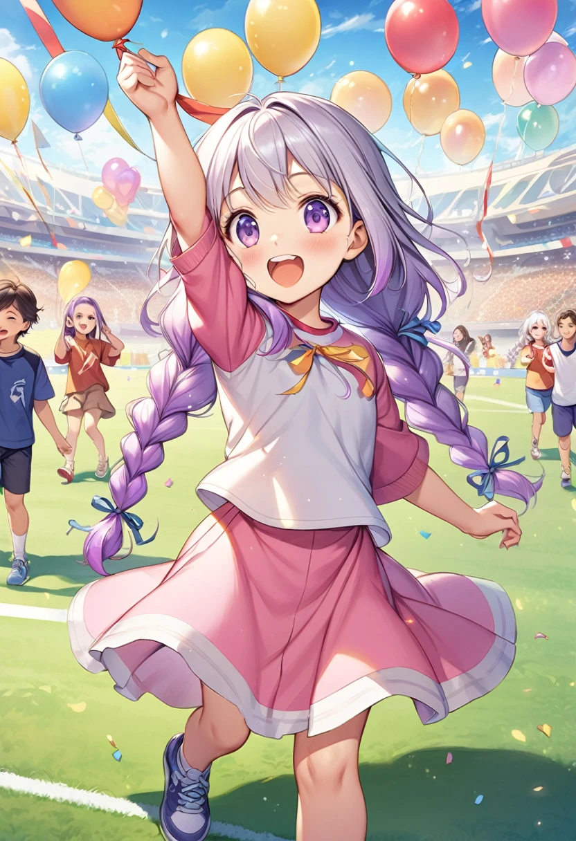 (Children's Day illustration), Two kids in casual sportswear cheering with raised hands on football field,  yinji, purple hair, purple eyes, long hair, white hair, double braids, gradient hair, Bright and warm, There are ribbons and balloons hanging around., Crowd cheering. The characters take up a small part of the picture.