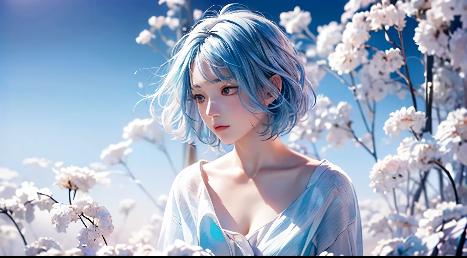 high quality,1 girl，short hair, Super detailed CG illustration of a young woman with a calm expression, Stare into the distance，His striking light blue hair blew gently in the desert breeze. The landscape behind him is vast and stunning, Taking viewers into a world of wonder and discovery.More ideas