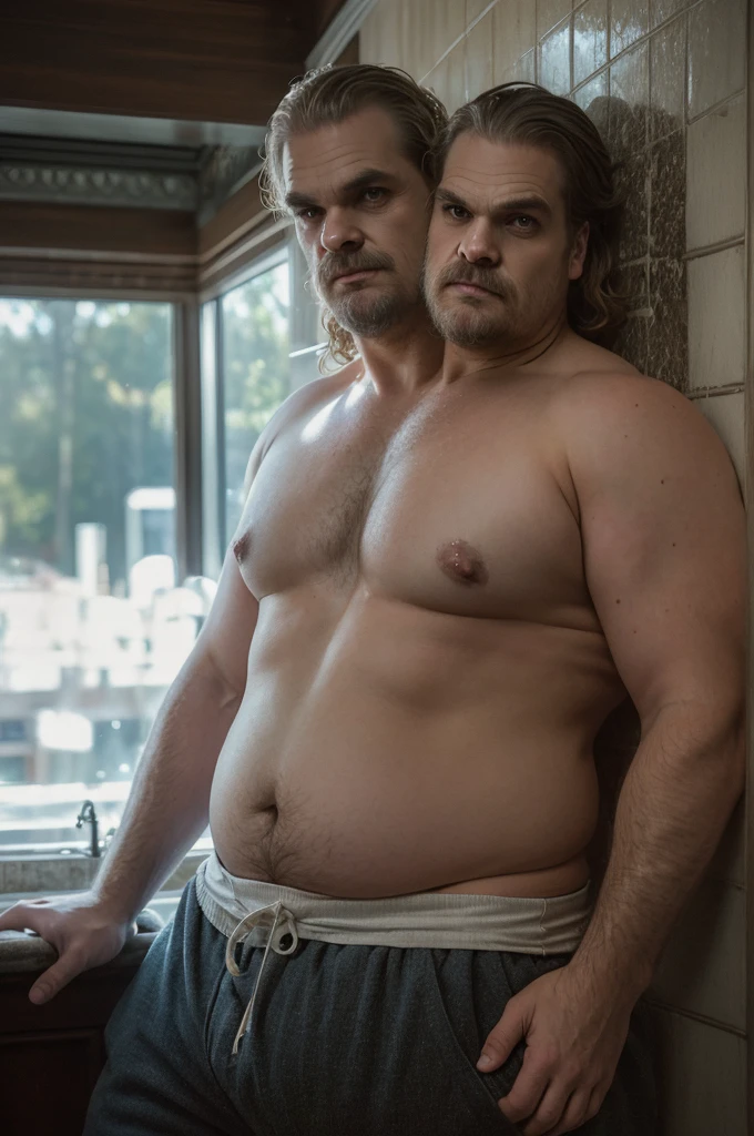 (((2heads))), 1man, (((david harbour:1.2))), middle aged male, ((fat)), ((overweight)), ((obese)), ((shirtless)), navel, athletic shorts, body hair, big bulge, dreamy atmosphere, dark cyan and red, i can't believe how beautiful this is, serene atmosphere, epic realistic, soft cinematic light, hdr, intricate, highly detailed, (depth of field:1.4), faded, (neutral colors:1.2), (hdr:1.4), (muted colors:1.2), hyperdetailed, (artstation:1.4), cinematic, dramatic light, (intricate details:1.1), bathroom scenery, (rutkowski:0.66), (intricate details:1.12), hdr, (intricate details, hyperdetailed:1.15) (skin texture:1.2), detailed expressions, tired, frowning, natural pose